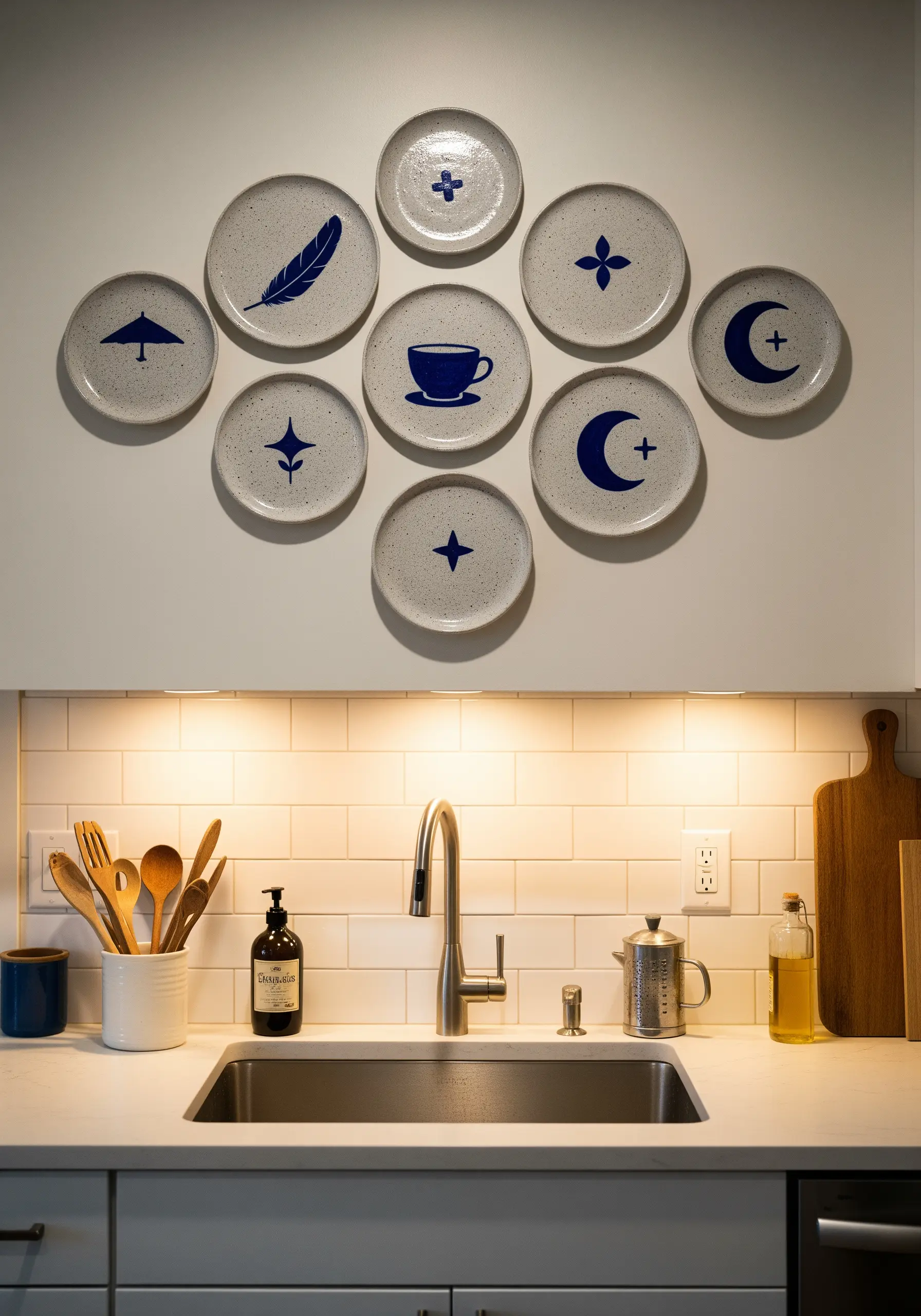 A wall display of nine ceramic plates, each painted with a simple icon in dark blue.