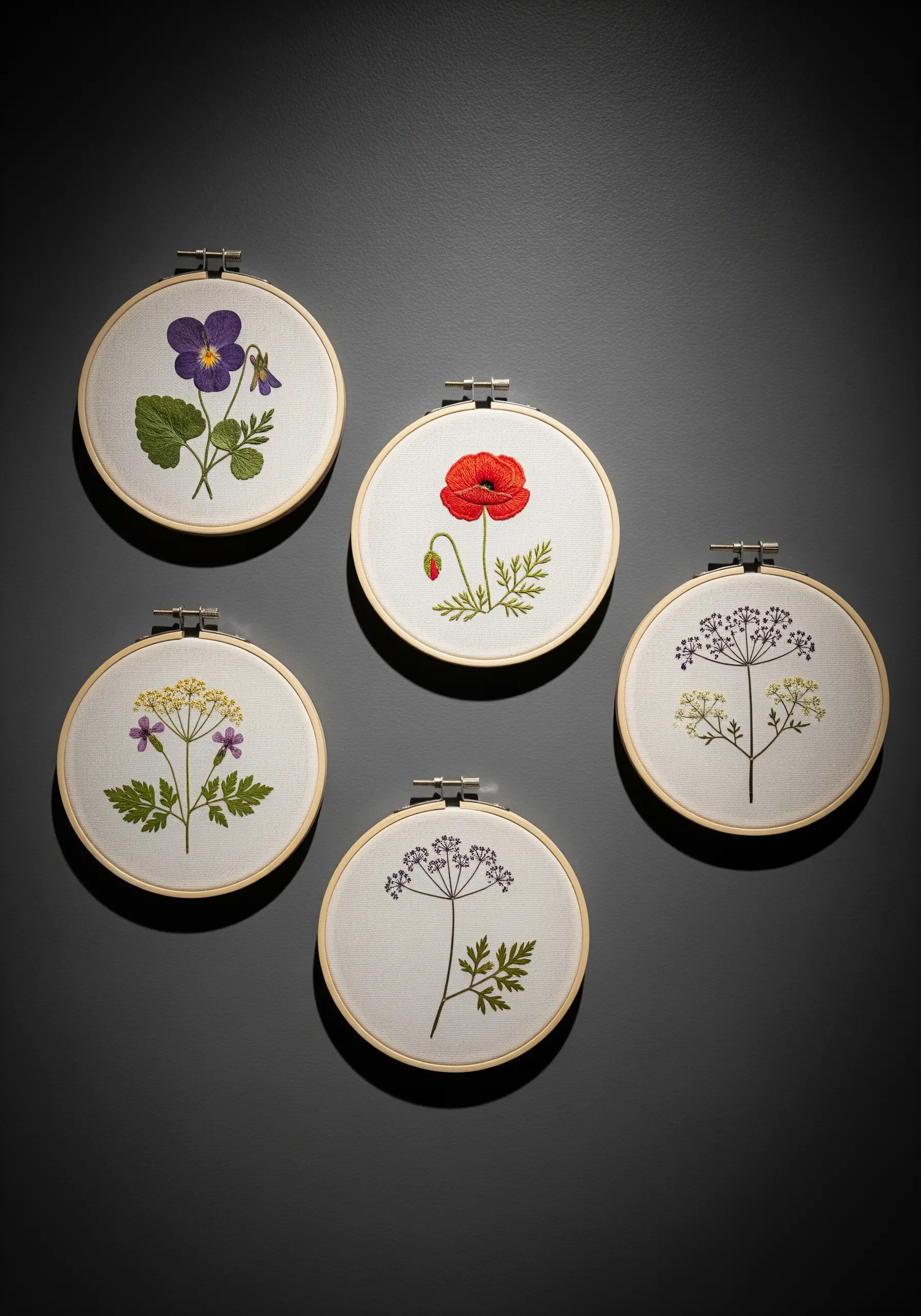 A collection of five embroidery hoops on a dark wall, each featuring a different wildflower specimen.