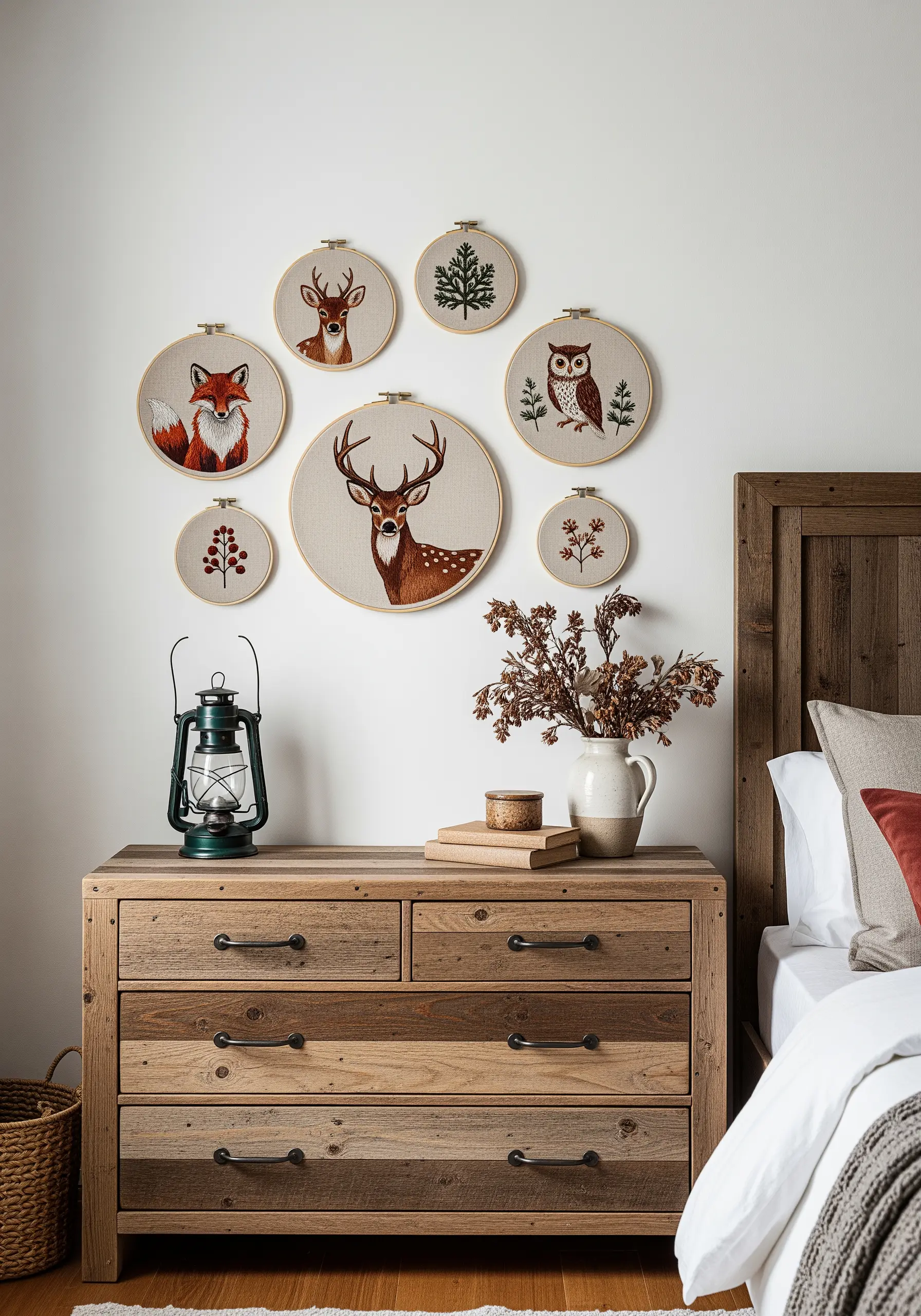 A gallery wall of embroidery hoops featuring woodland animals like deer, a fox, and an owl.