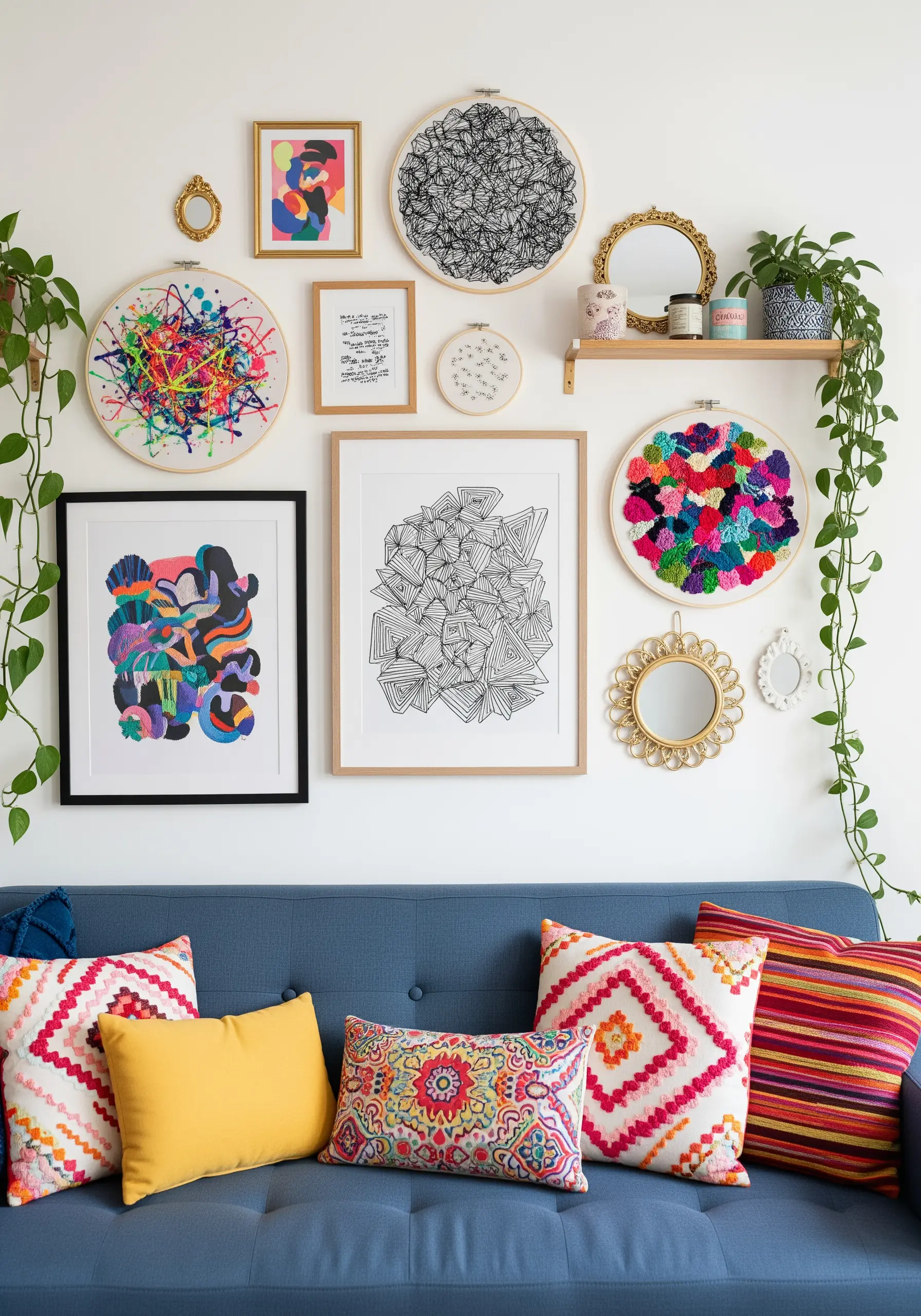 An eclectic gallery wall featuring framed prints, mirrors, and abstract embroidery hoops.