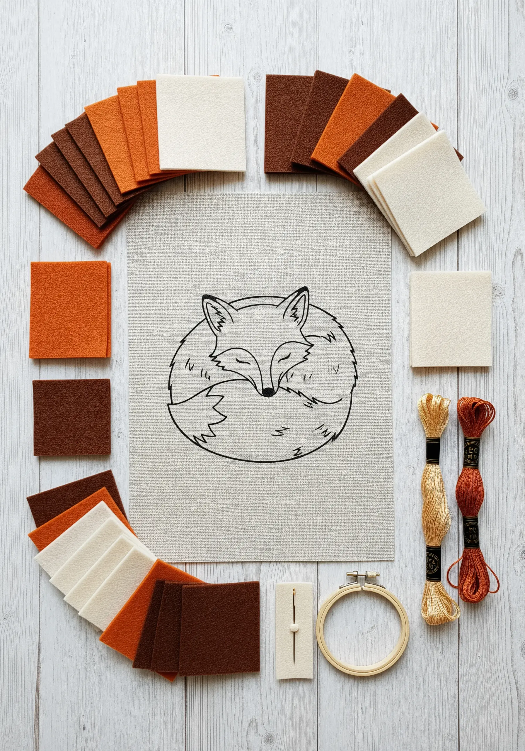 A flat lay of materials for a fox appliqué project: felt squares in browns and oranges, and thread.