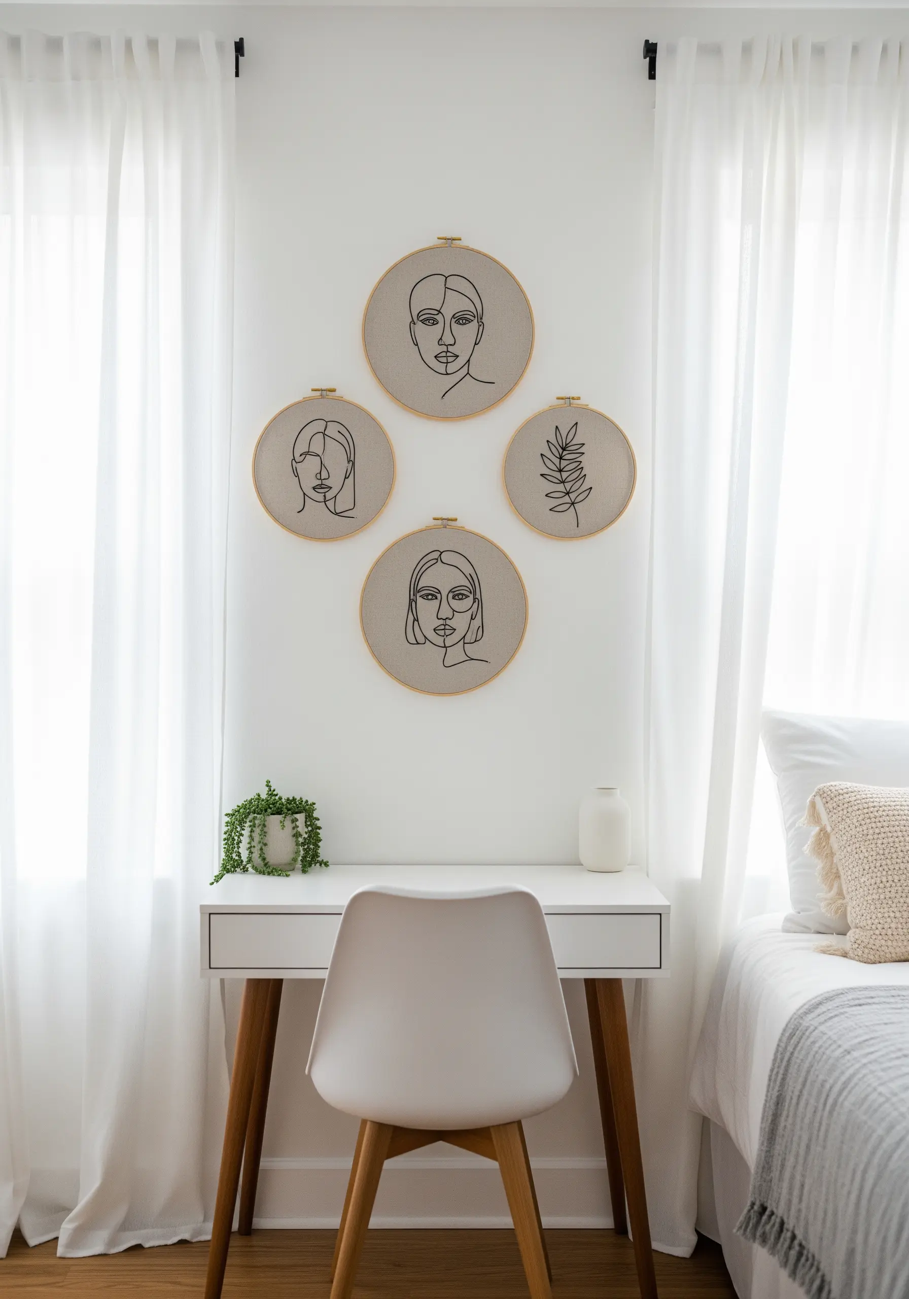 Four minimalist line art embroidery hoops arranged on a white wall above a desk