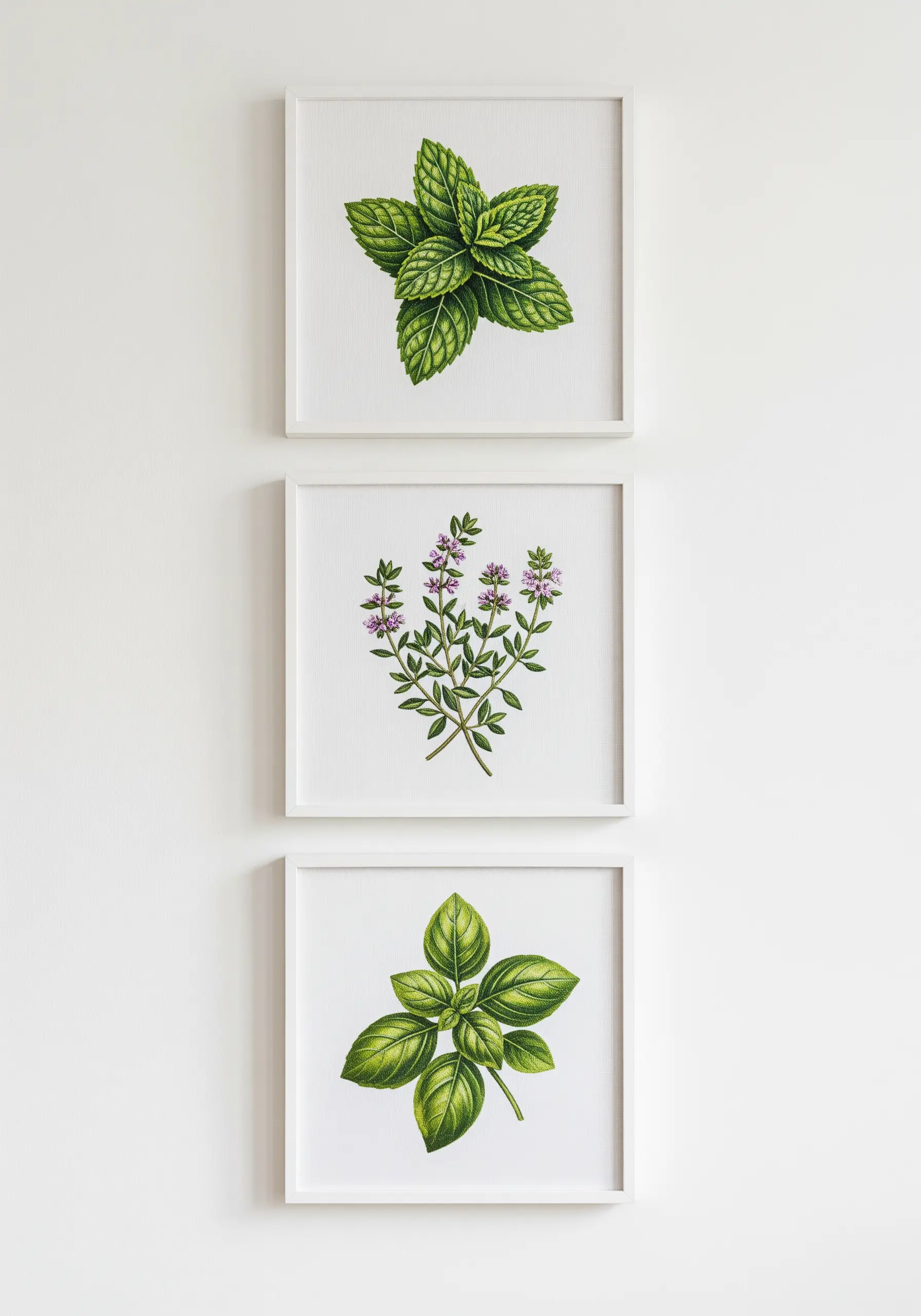 A gallery wall with three white frames, each containing a realistic embroidered herb portrait.
