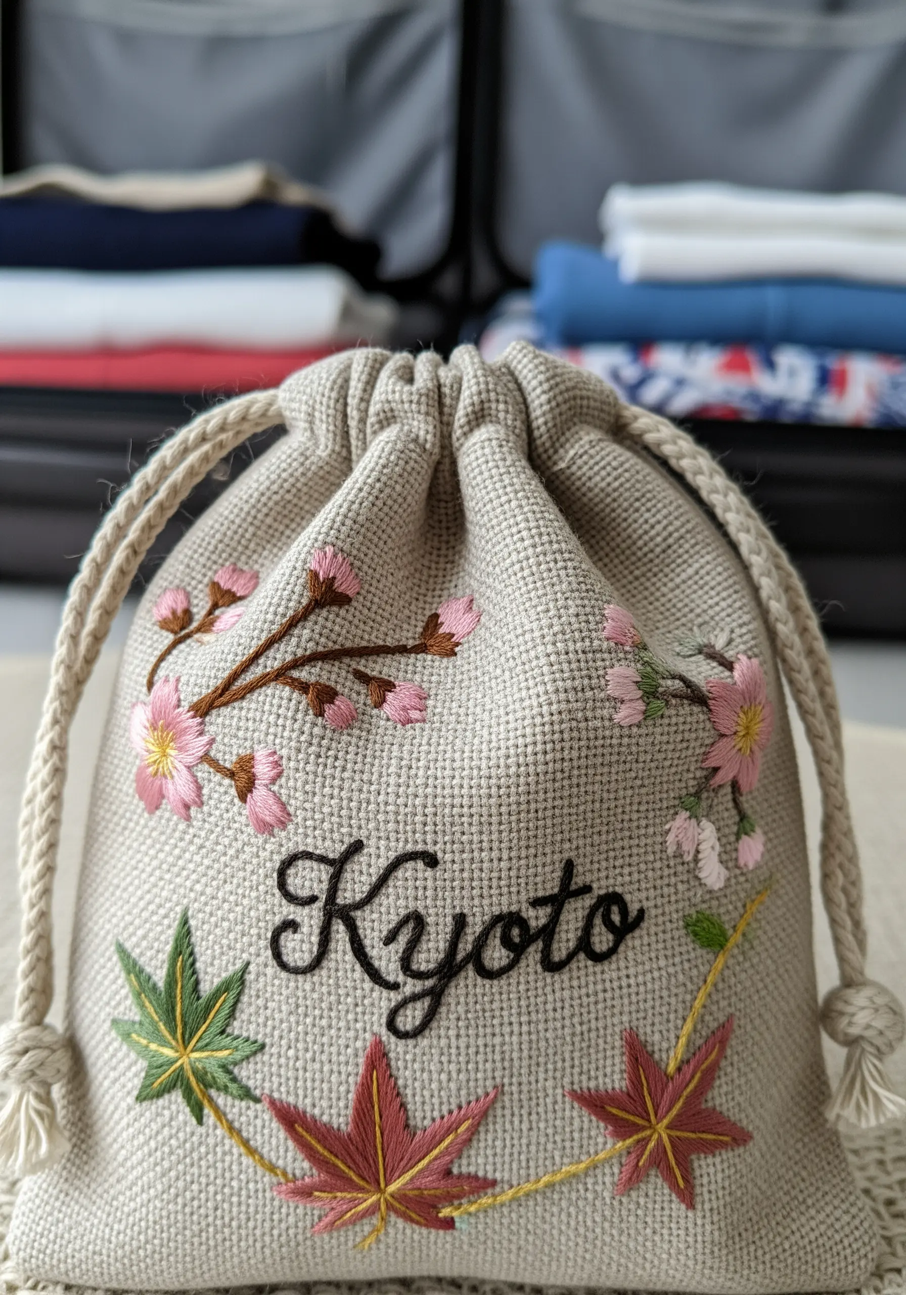 Linen pouch with 'Kyoto' text and cherry blossoms