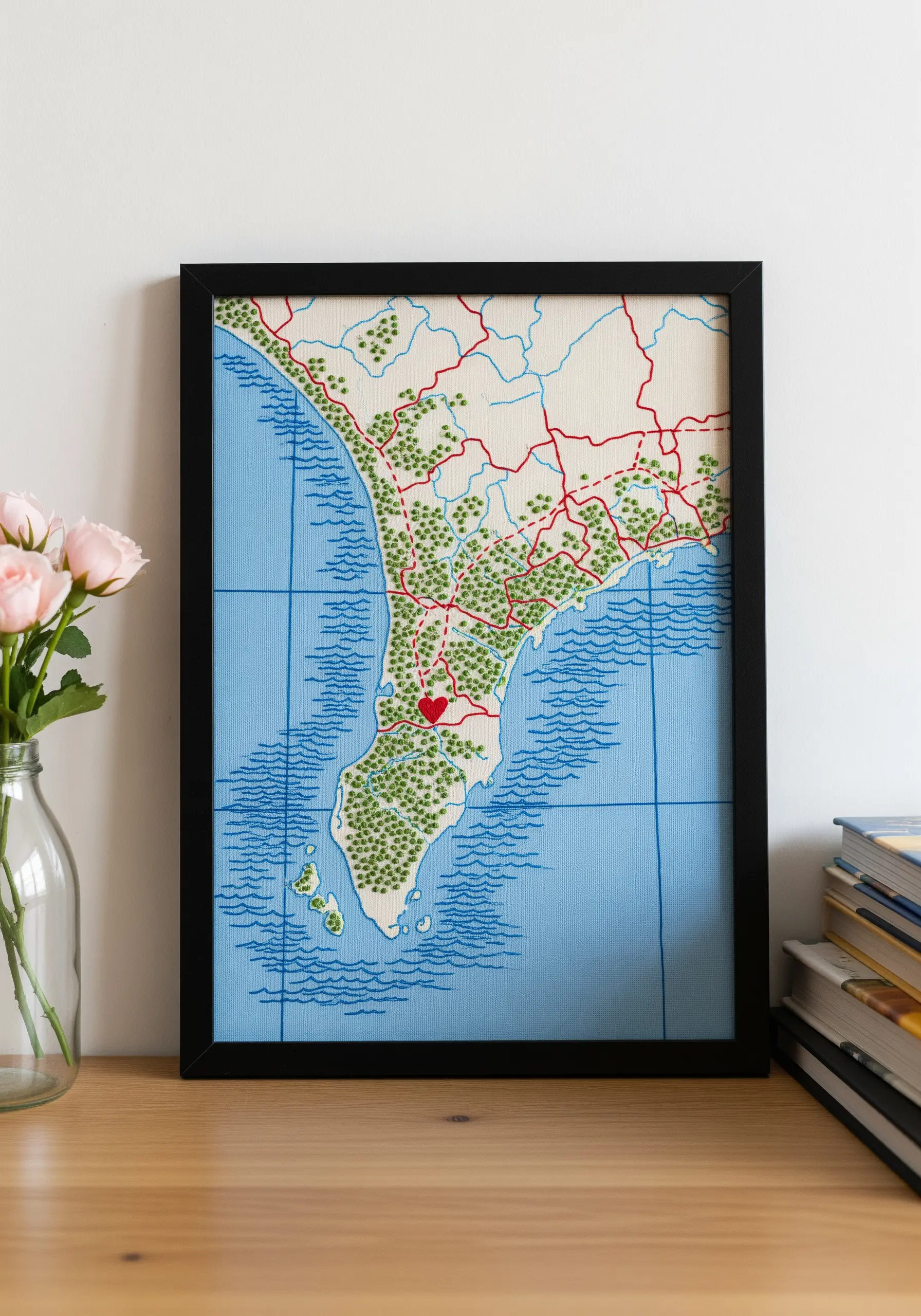 A framed embroidered map showing coastlines, roads, and green spaces, with a small red heart.