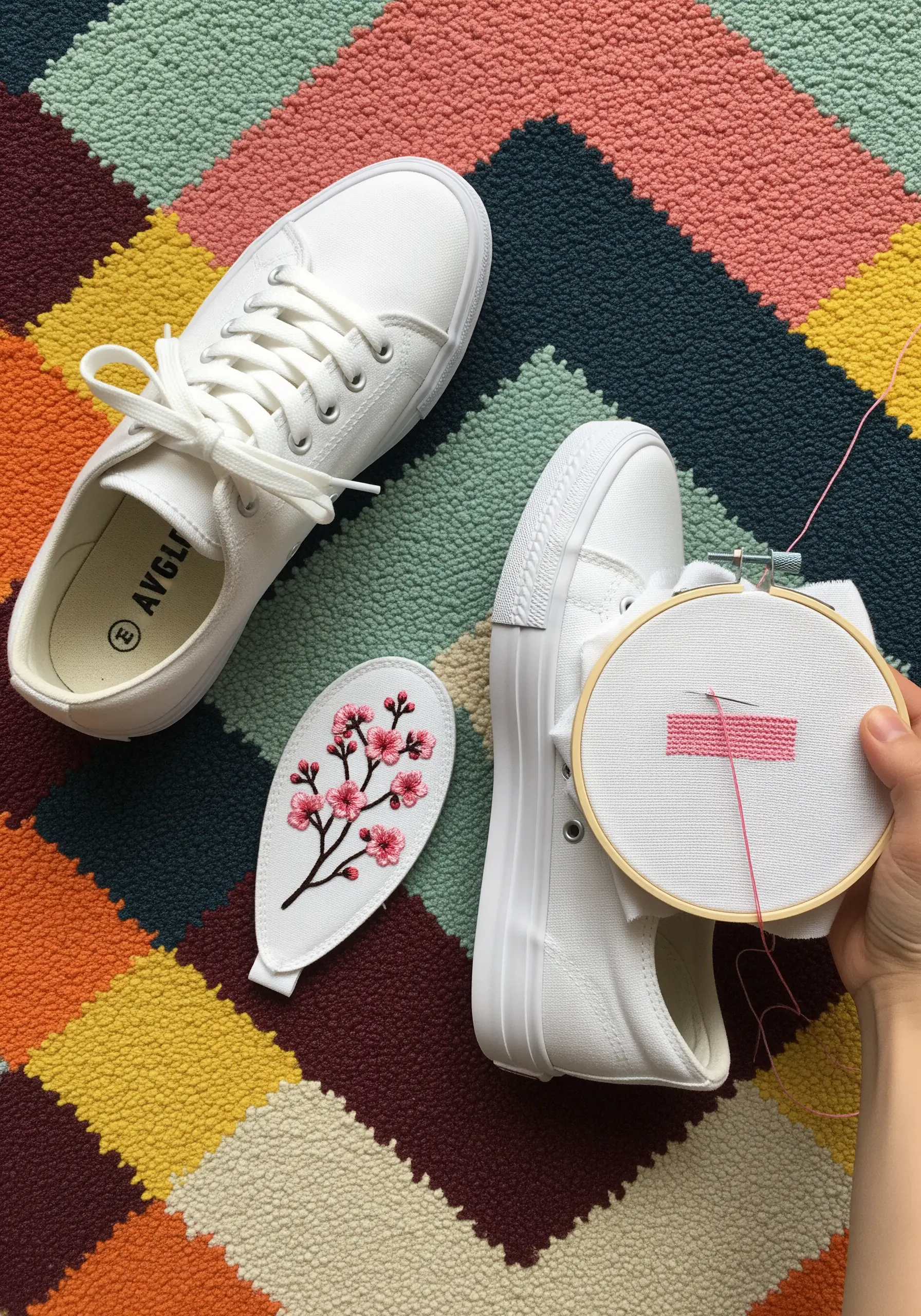 Embroidering a cherry blossom branch patch to be applied to a white canvas sneaker.