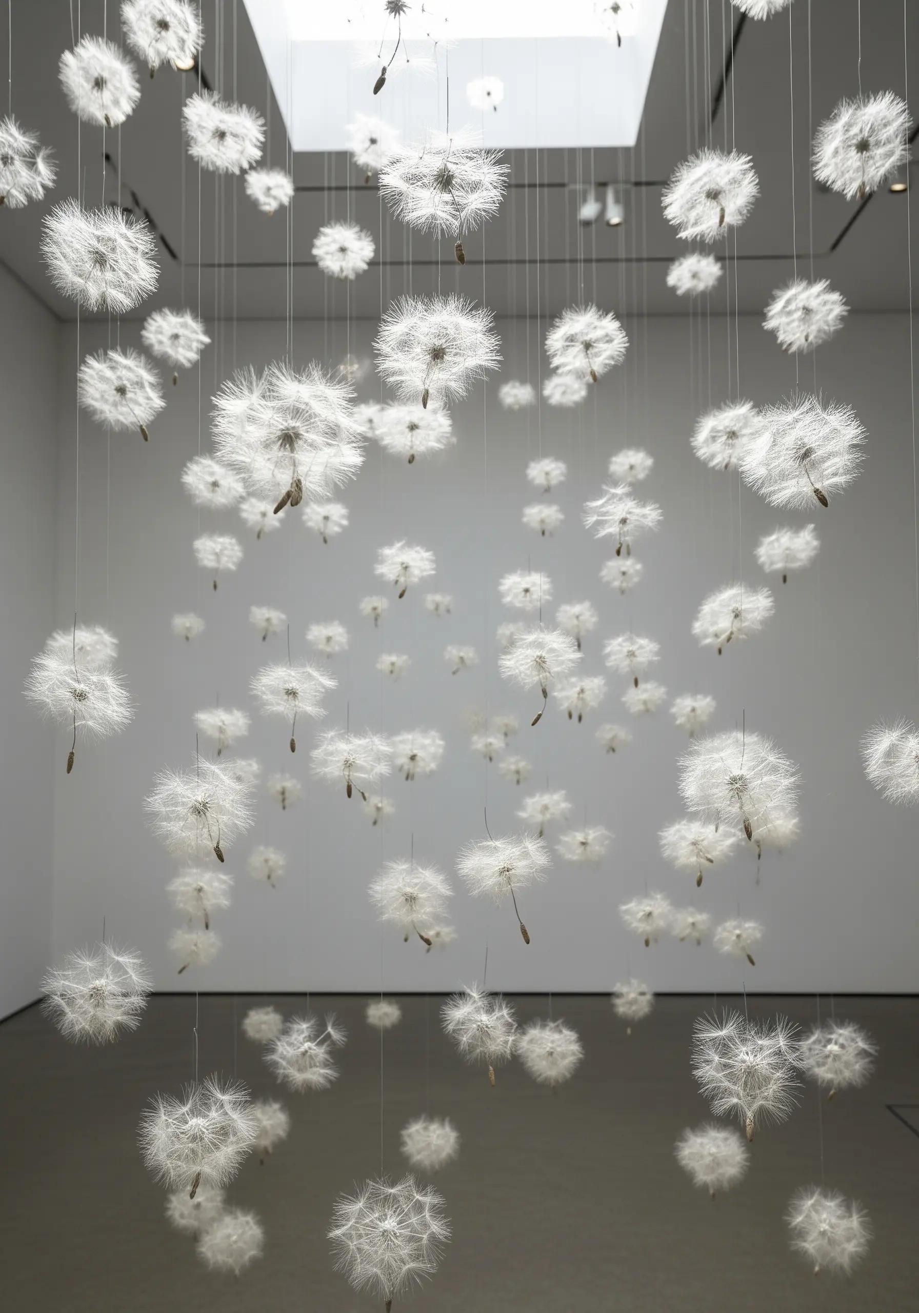 An installation of delicate dandelion seed heads hanging from the ceiling.