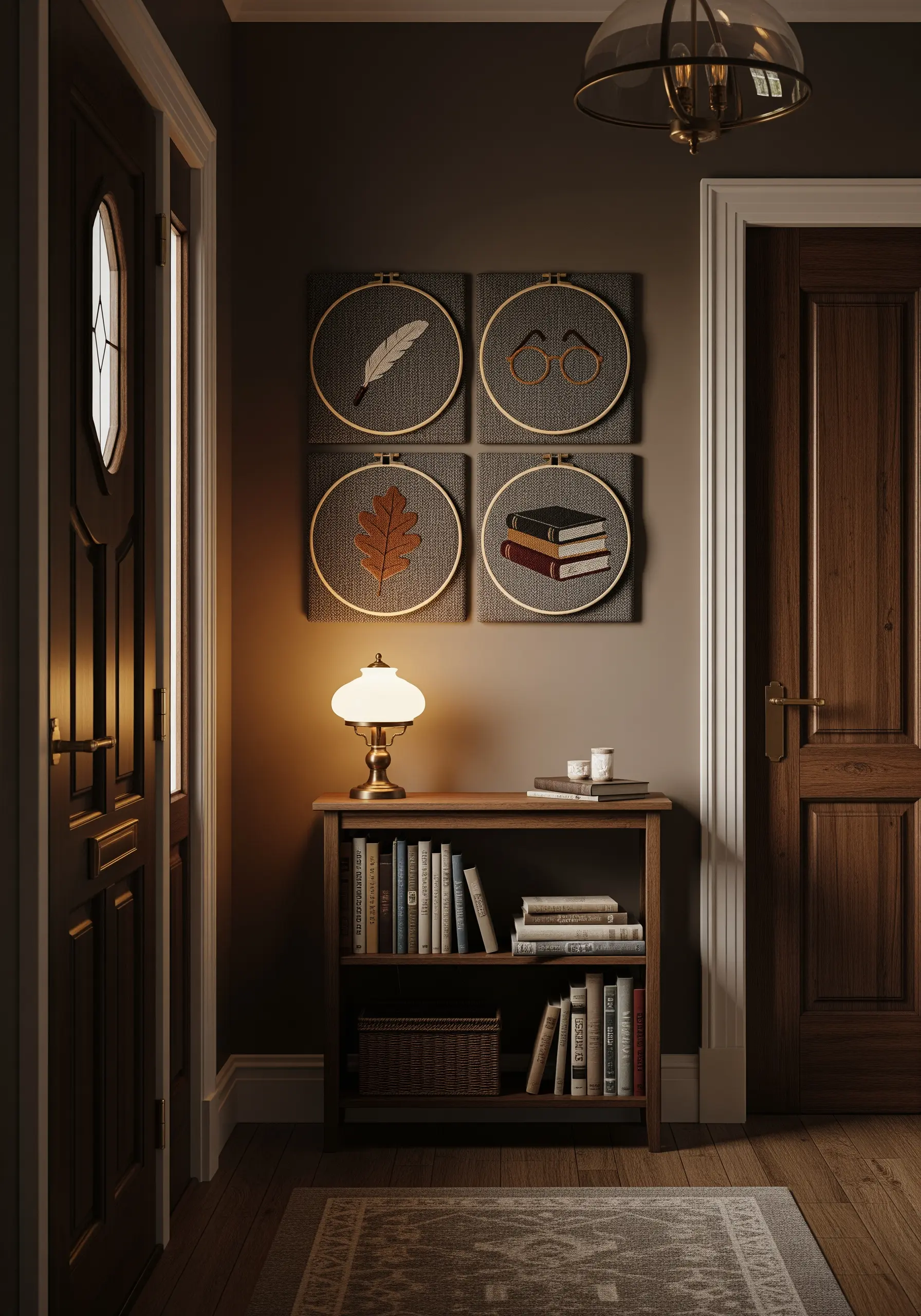 Four embroidery hoops with dark academia themes: a feather, glasses, a leaf, and books.