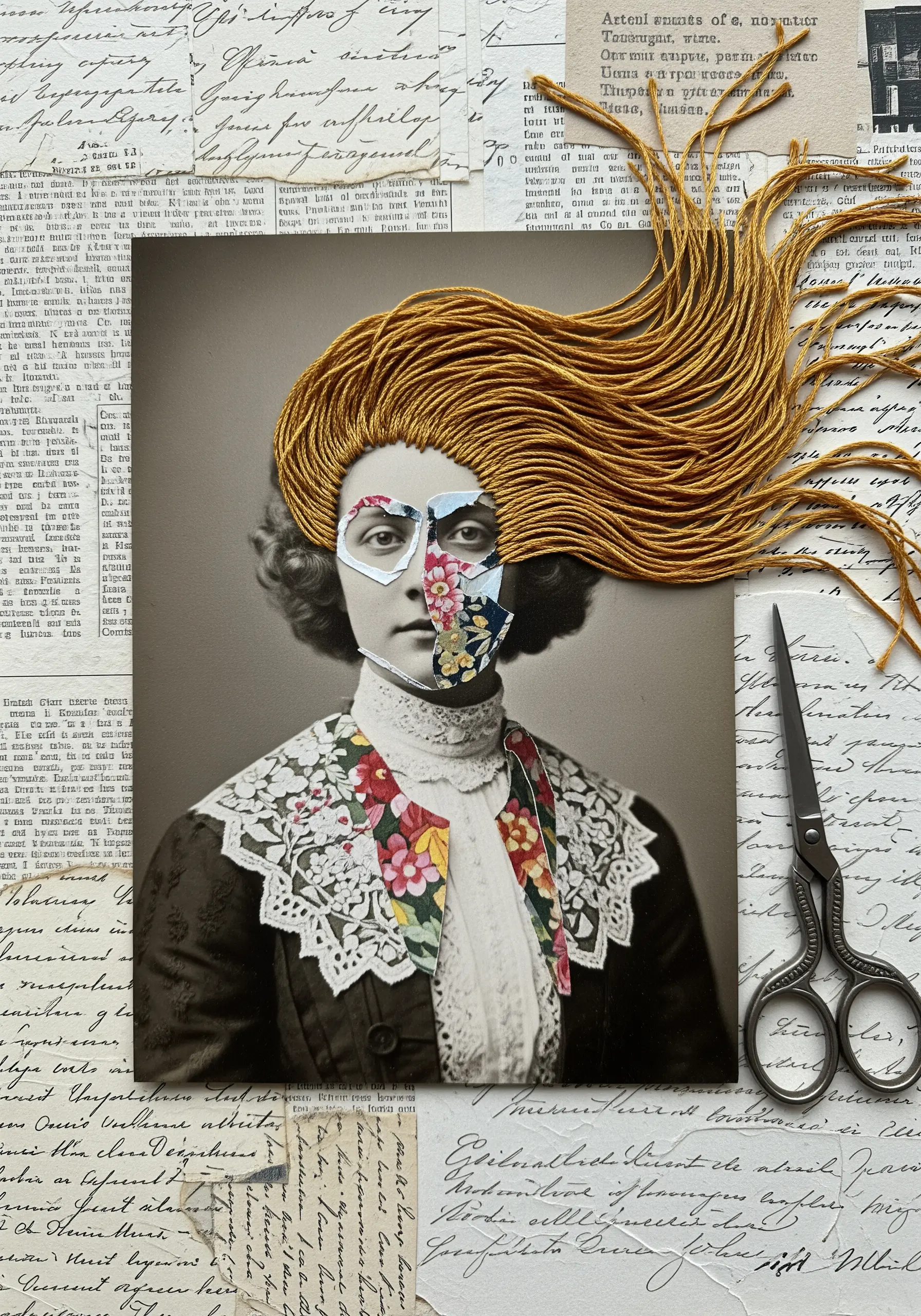 A vintage portrait with the face partially covered by floral collage and golden thread hair.