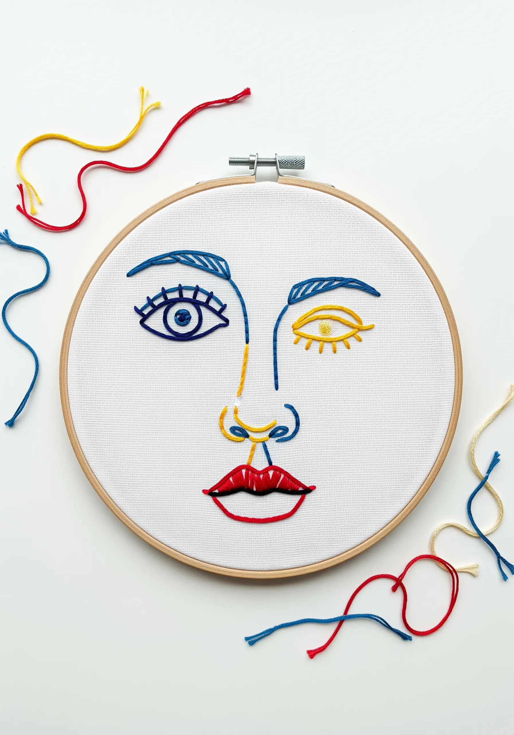 Abstract line-art face with features stitched in primary colors.