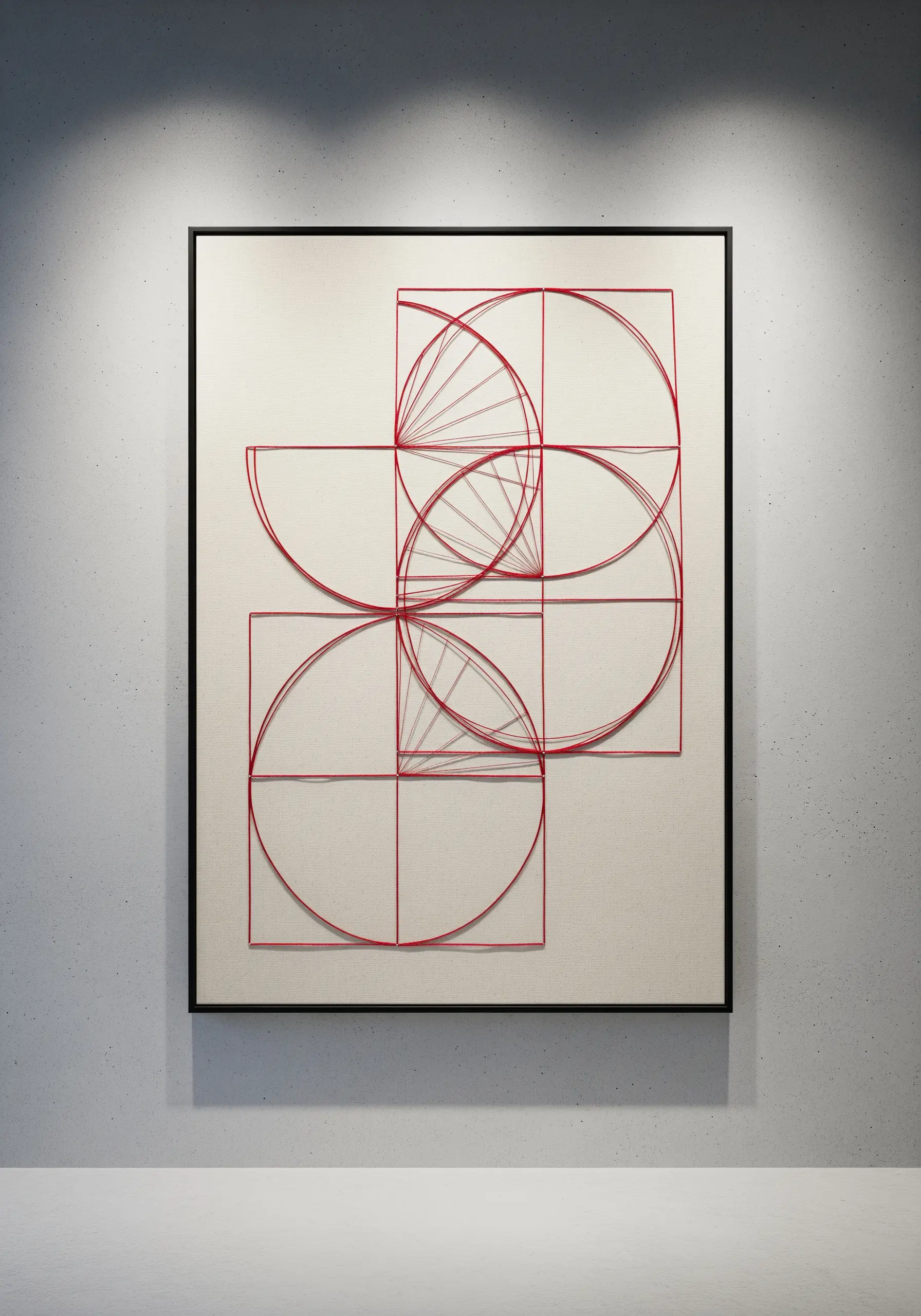 Abstract geometric string art with overlapping red circles and squares on a neutral canvas.