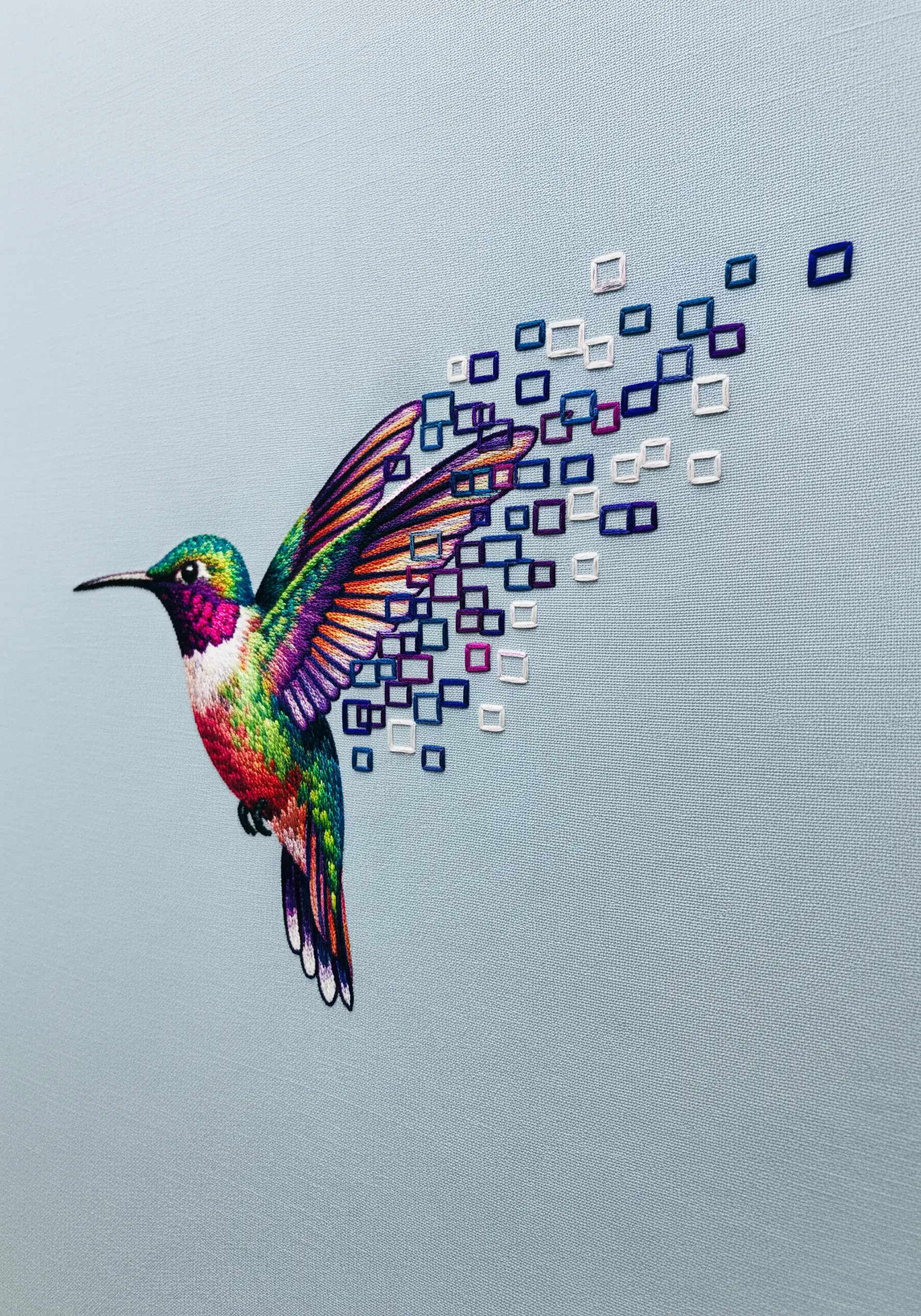A thread-painted hummingbird with its wing breaking apart into floating geometric outlines.