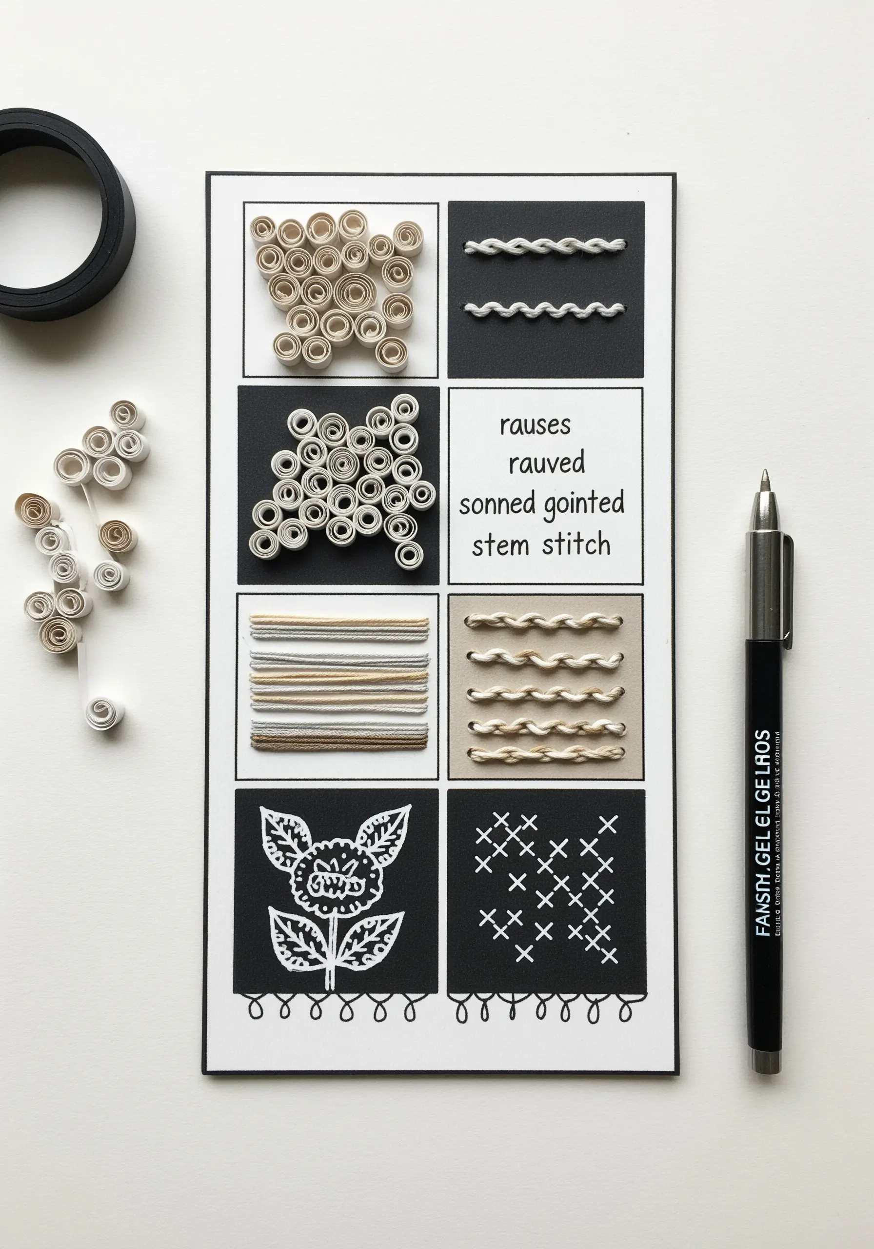 A sampler comparing paper quilling techniques to classic embroidery stitches like stem stitch.
