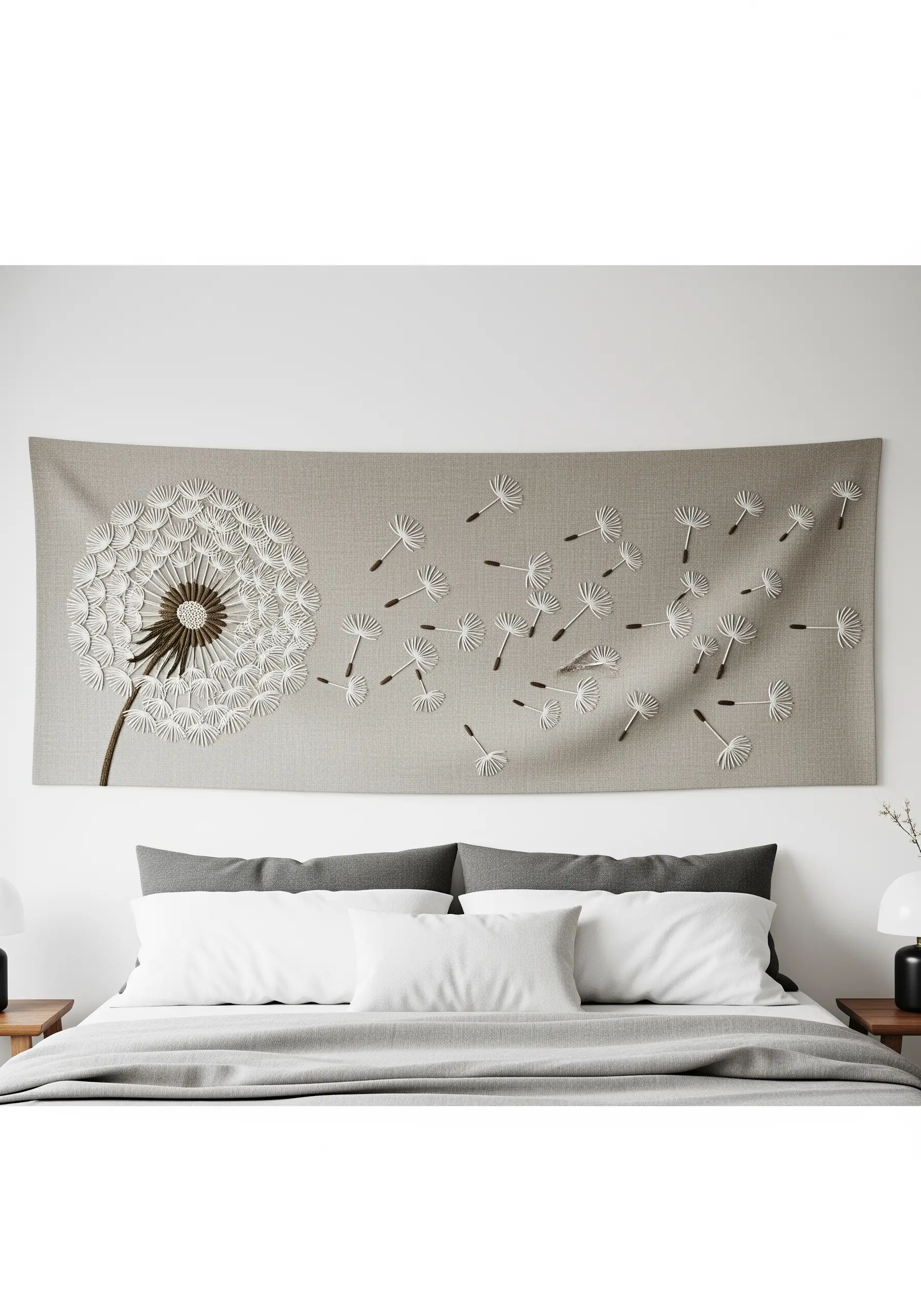 A large embroidered wall hanging of a dandelion with its seeds blowing across the fabric.