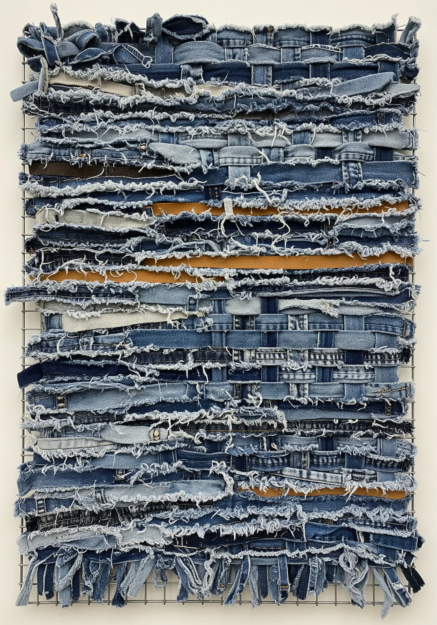 Woven wall art made from recycled denim strips on a metal grid