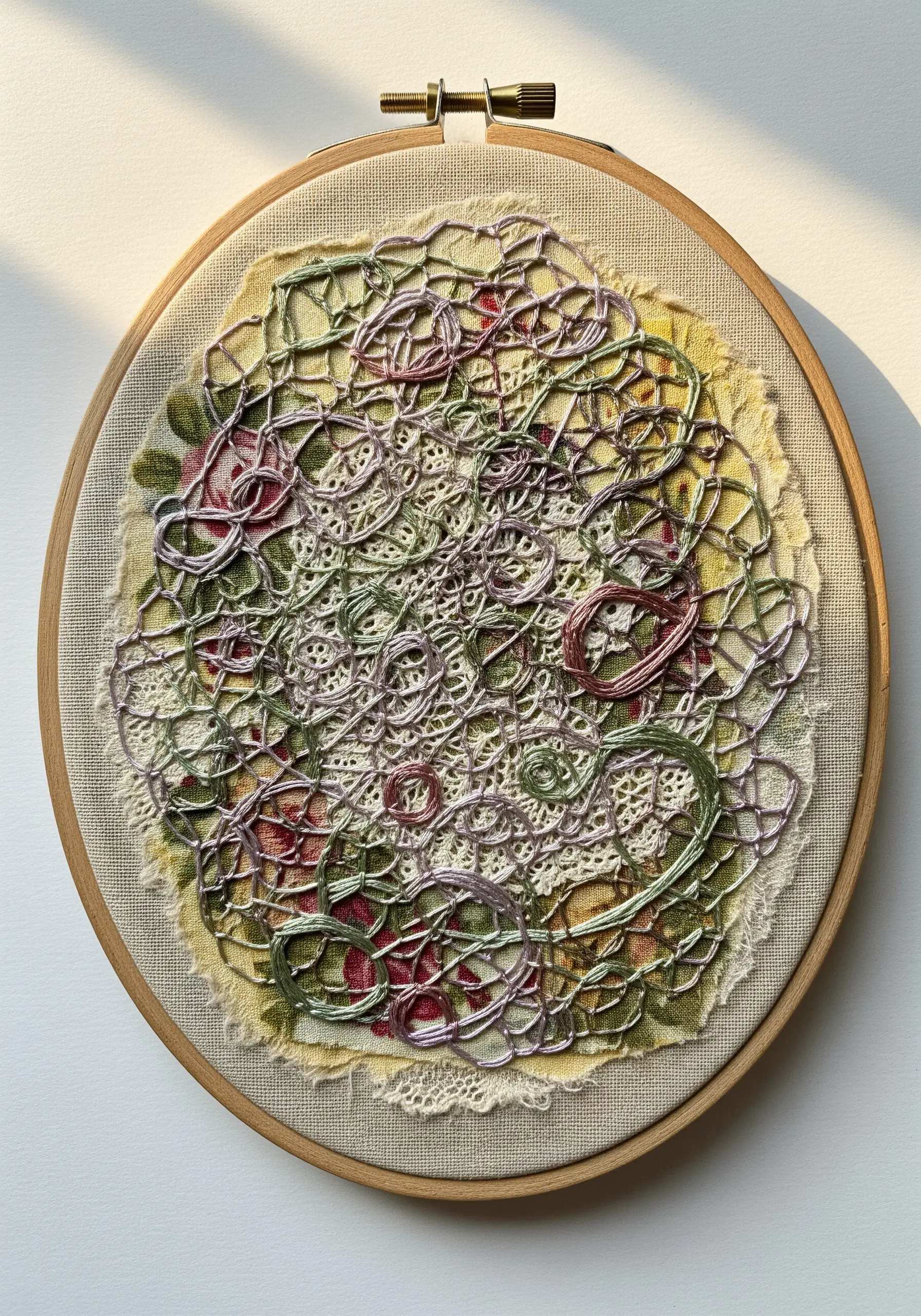 Hoop art with a web of green and purple thread stitched over a lace and floral fabric base.