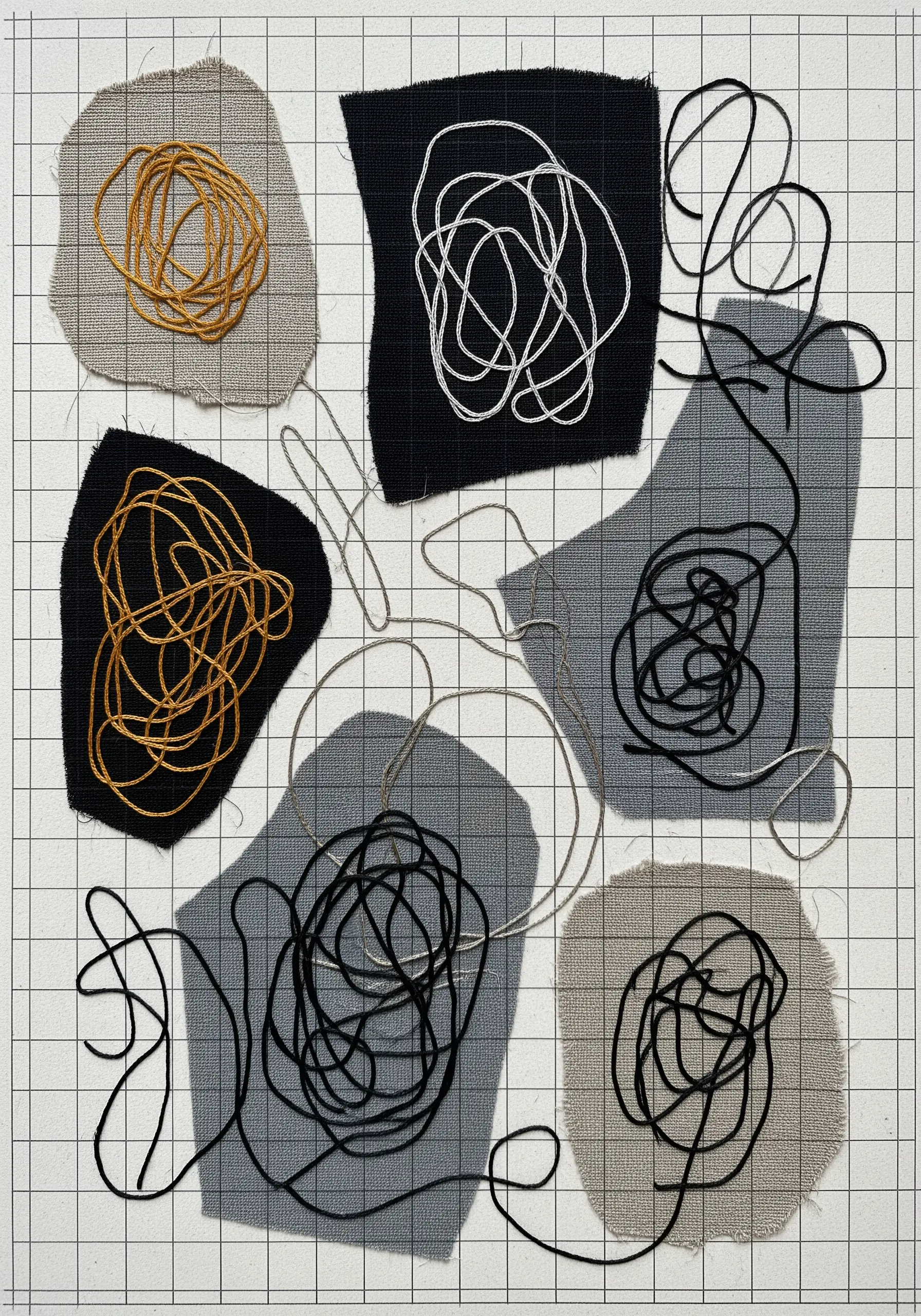 Abstract scribbled thread art over gray and black fabric swatches on a gridded background.