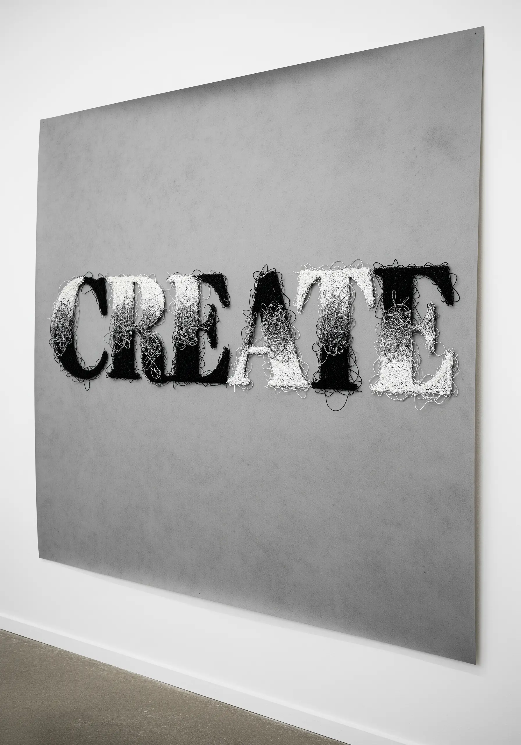 The word 'CREATE' embroidered on grey paper with chaotic, scribbled thread filling.