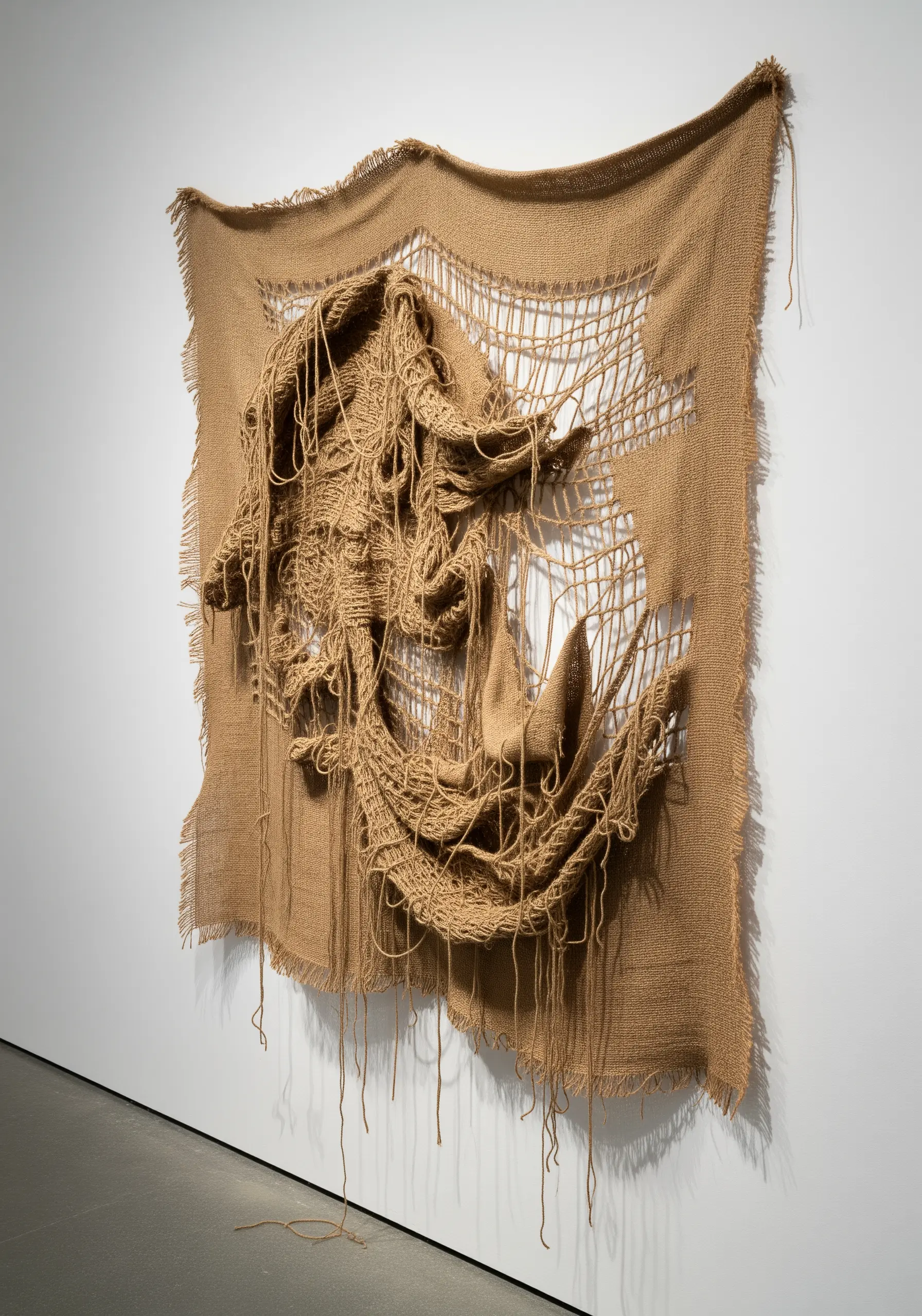 A deconstructed burlap wall hanging with sections of thread removed and re-woven with thick yarn.