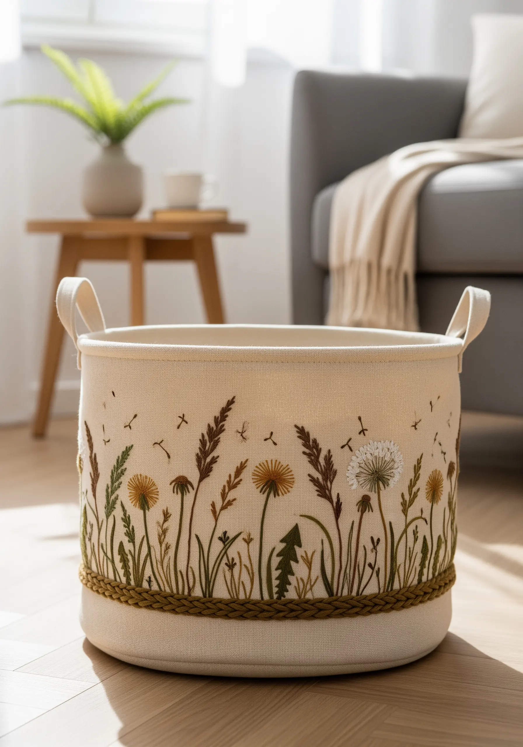 A canvas storage basket with scattered dandelion embroidery and a thick, braided base.