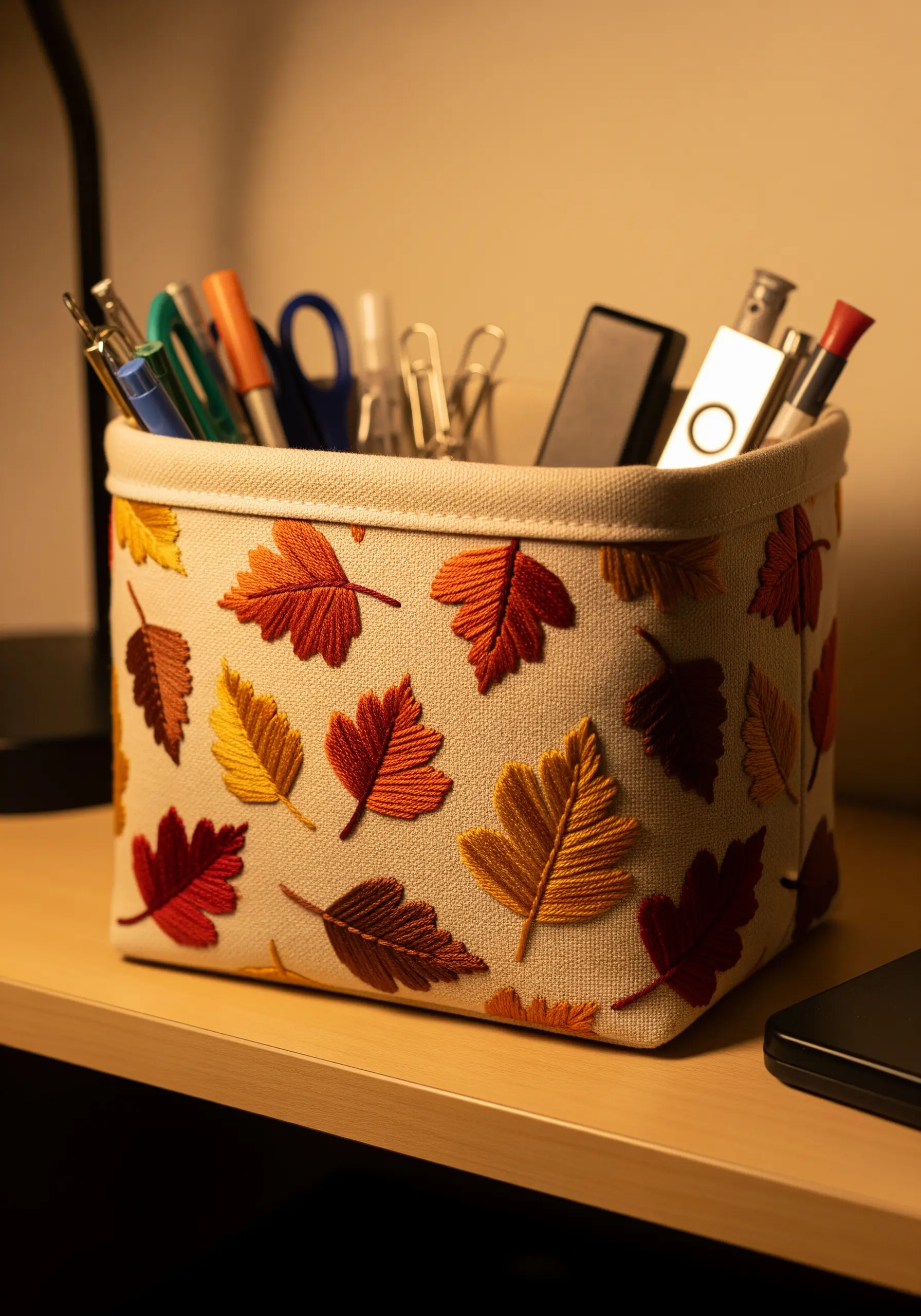 A fabric storage box decorated with satin-stitched autumn leaves.