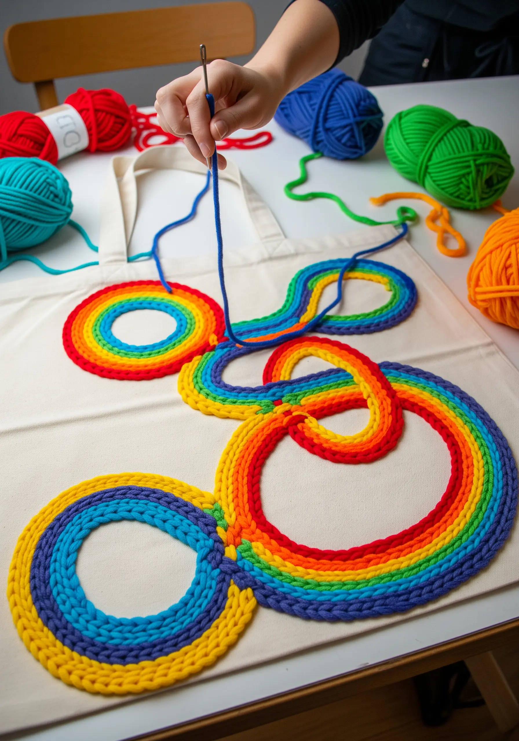 A canvas tote bag being decorated with a large, textured rainbow made from loops of chunky yarn.
