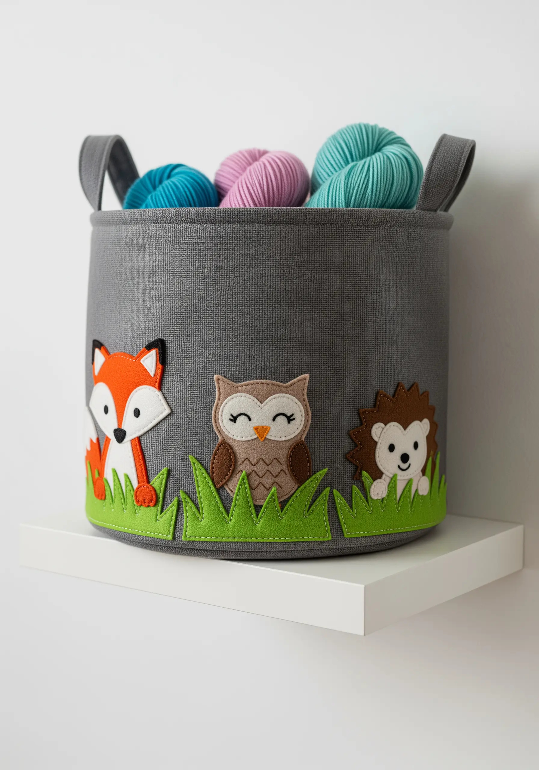 A gray fabric basket decorated with colorful felt appliqué of a fox, owl, and hedgehog.