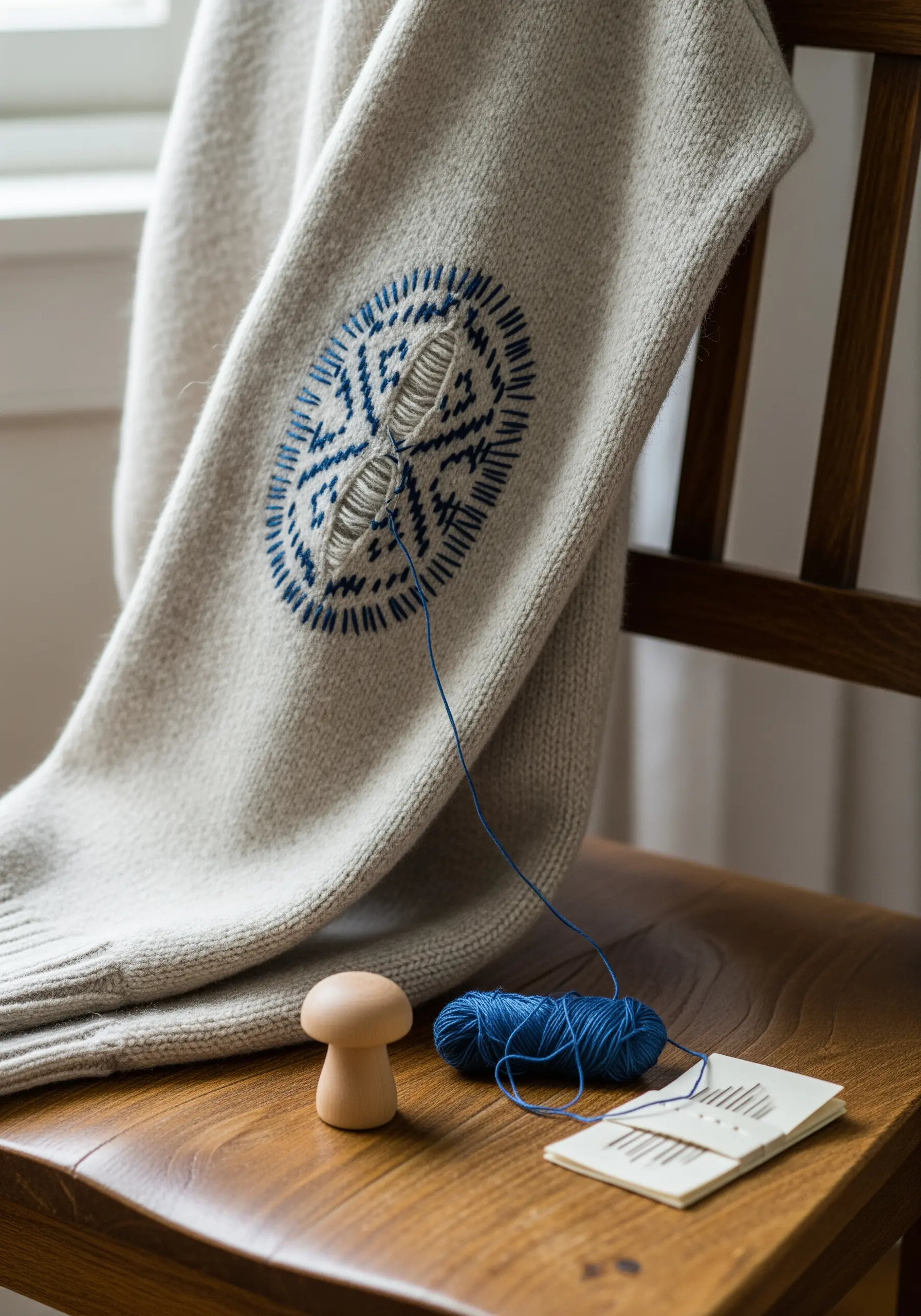 Visible mending on the elbow of a cream sweater using intricate blue thread.