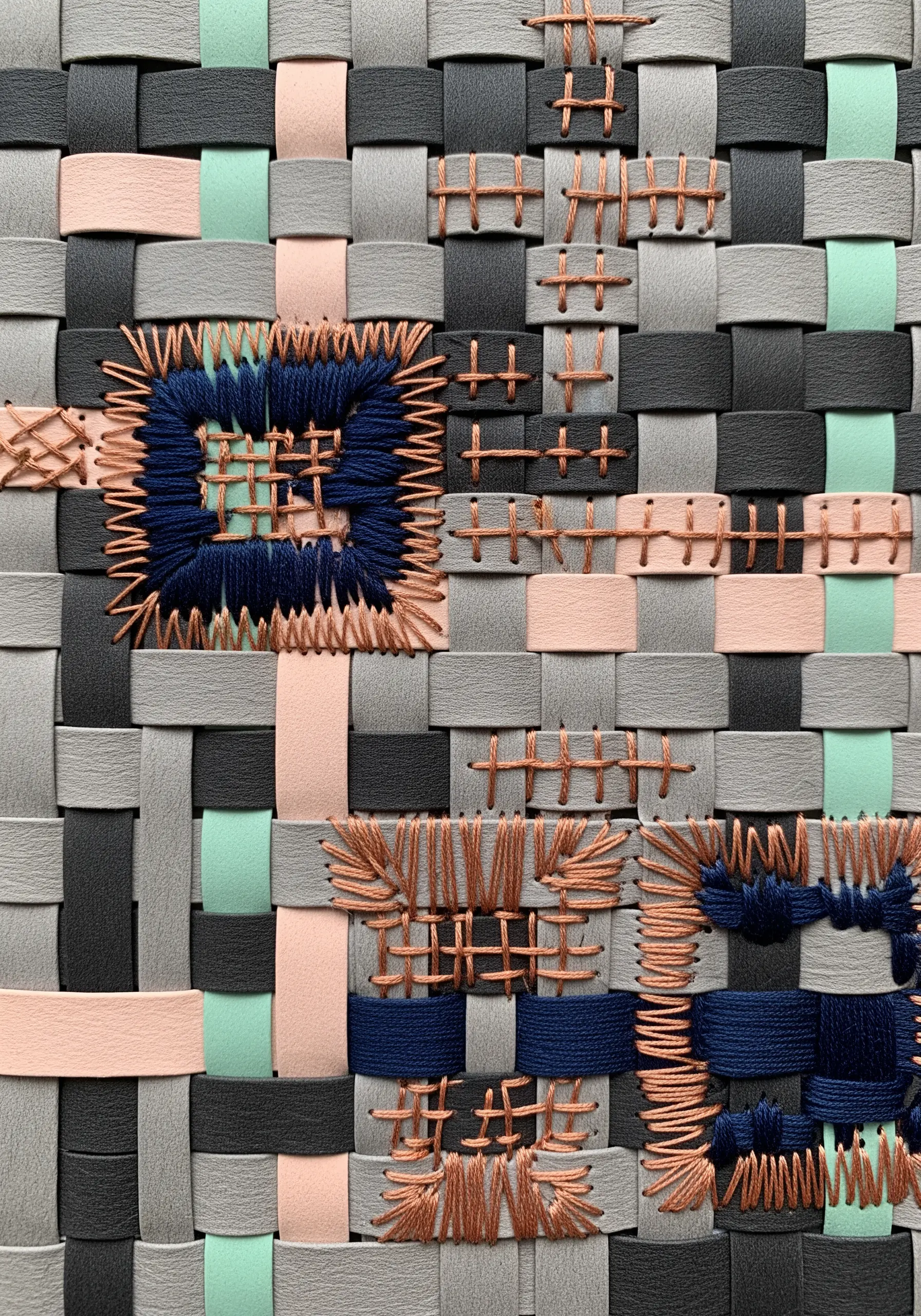 A close-up of woven paper strips in neutral tones with decorative copper and blue embroidery.