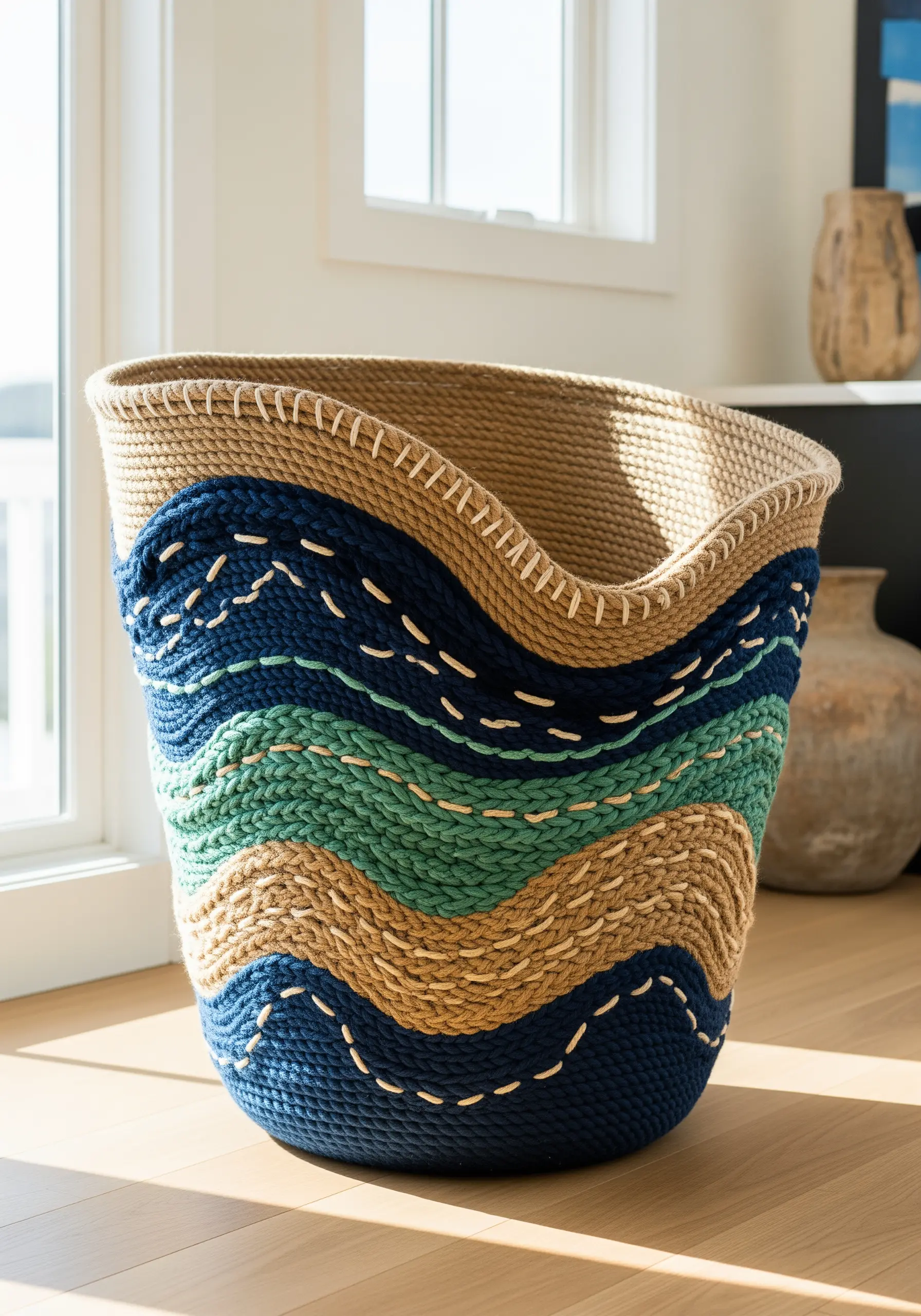 A coiled rope basket with blue, green, and tan horizontal stripes, decorated with a wavy white running stitch.