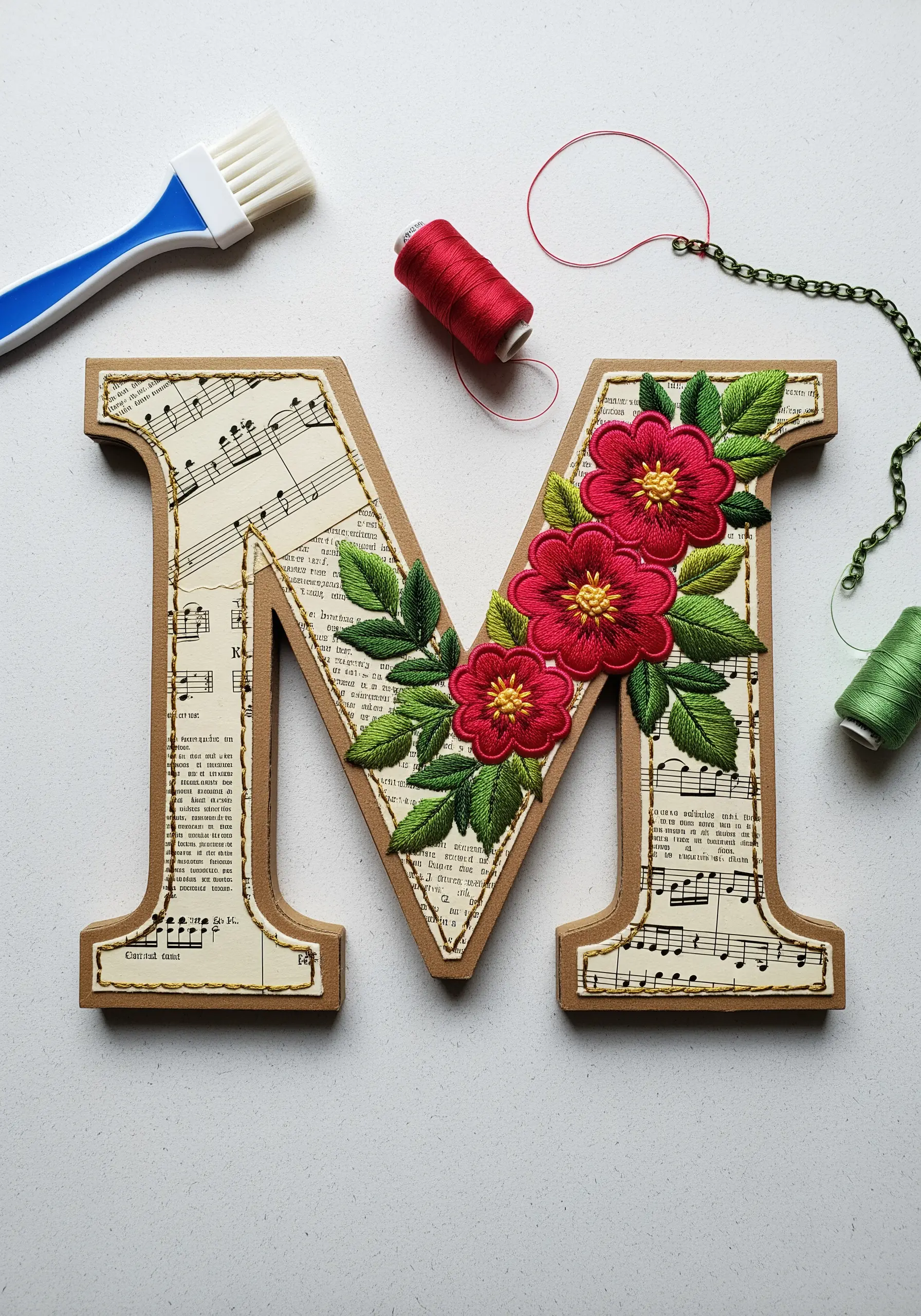 A letter 'M' decorated with decoupage sheet music and topped with raised floral embroidery.