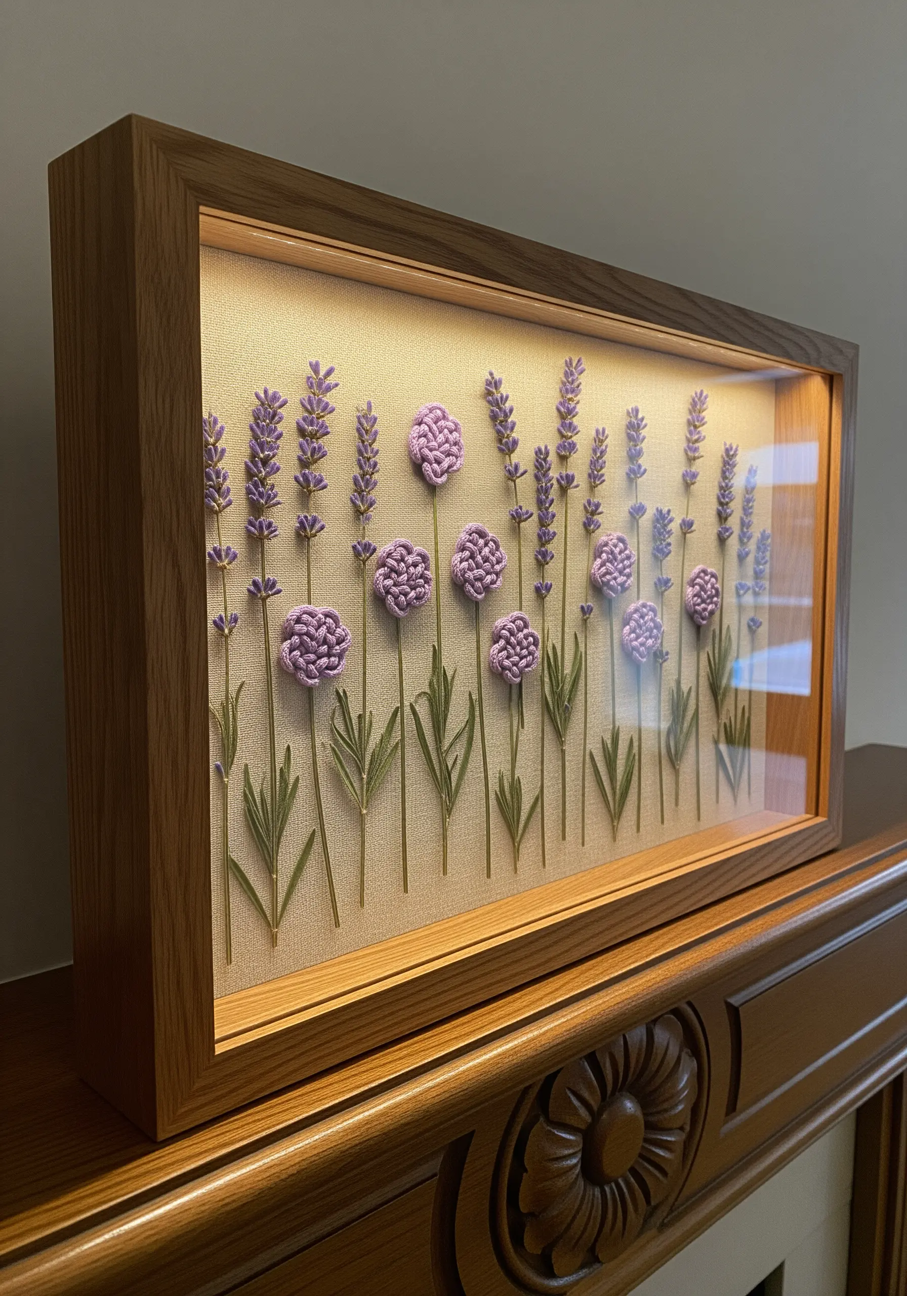 Lavender embroidery and pressed flowers in a deep wood shadow box