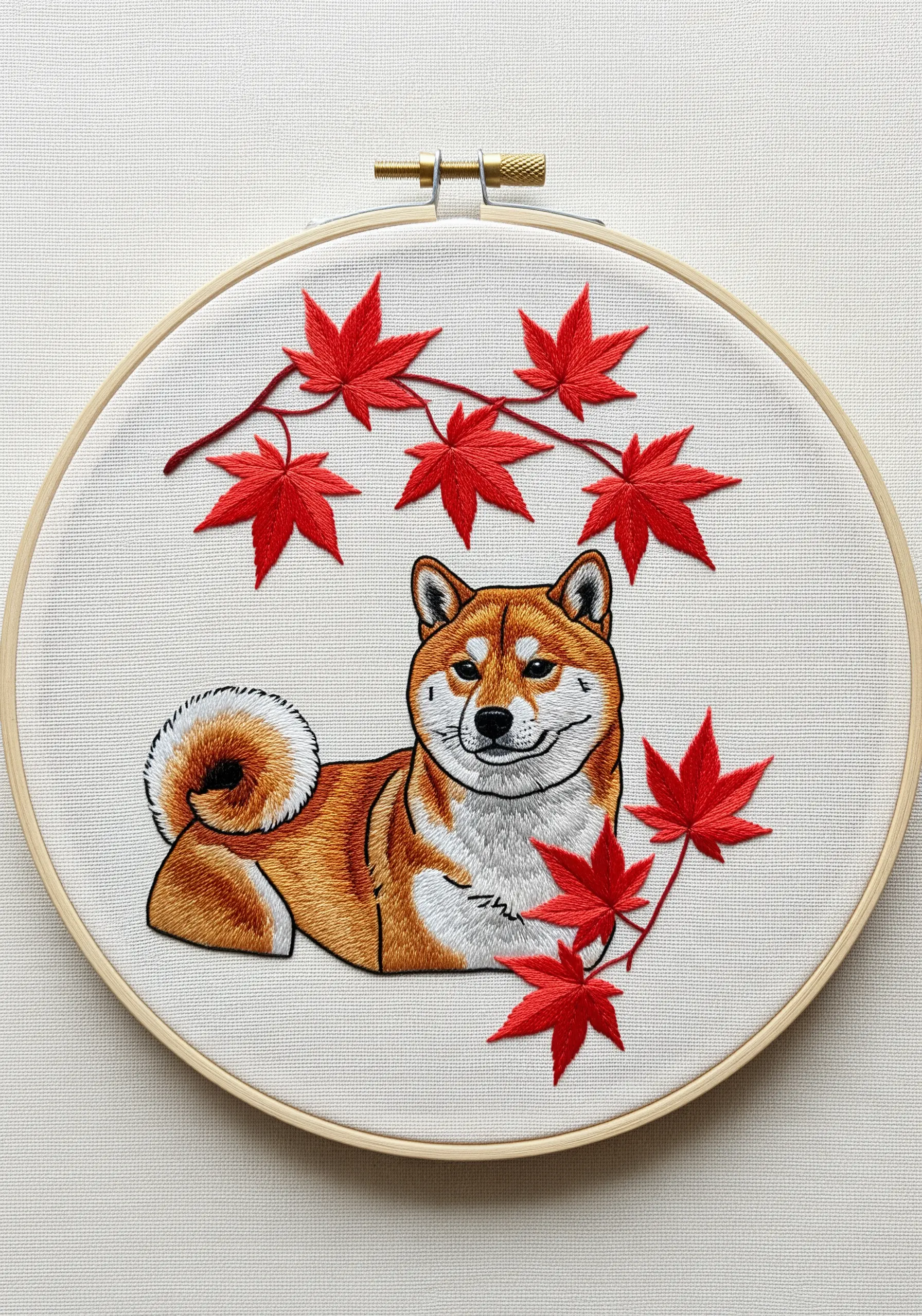 Embroidered Shiba Inu lying down, with its curled tail prominent, framed by red Japanese maple leaves.