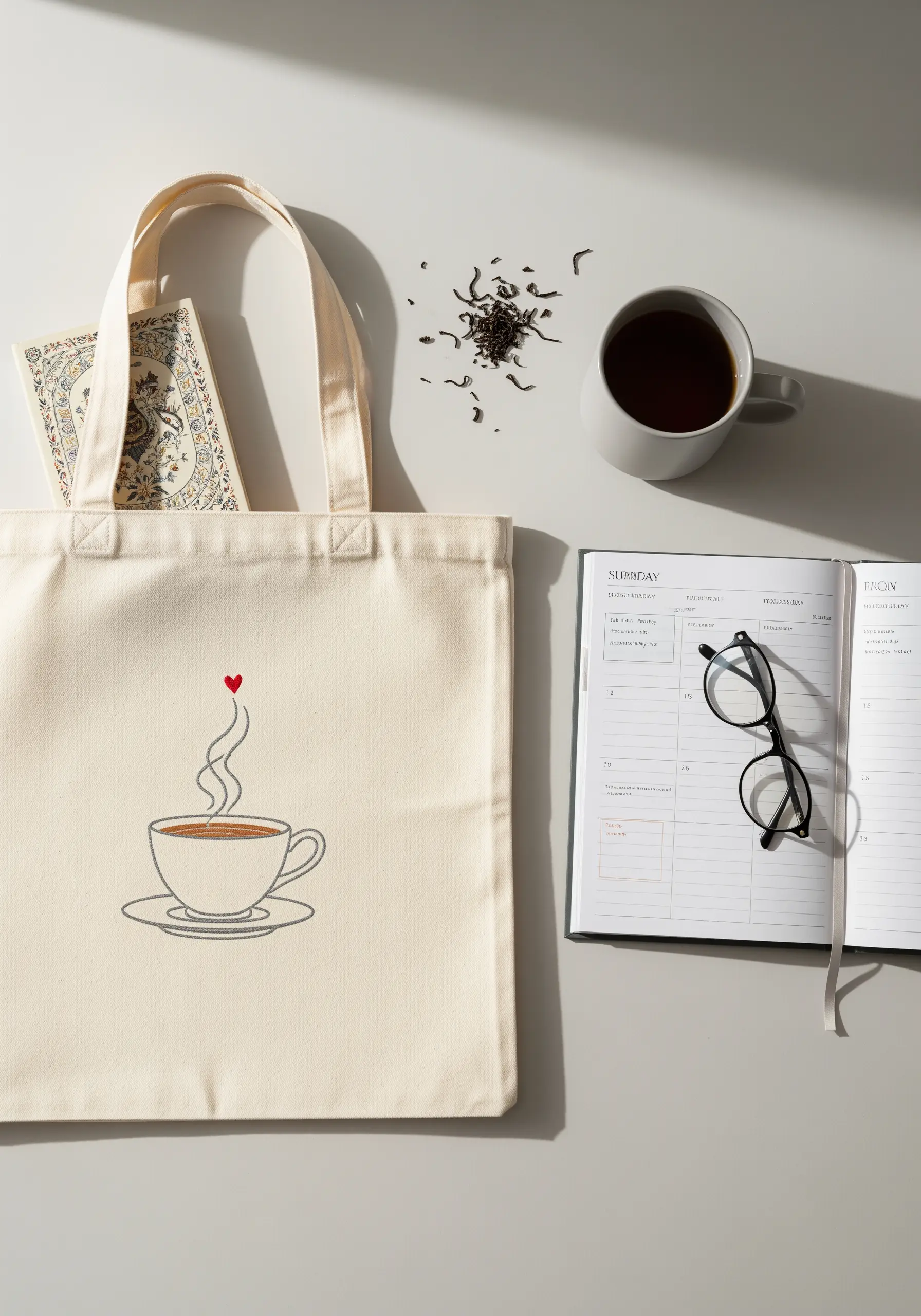 A line-art embroidered coffee cup with steam rising to form a small red heart.