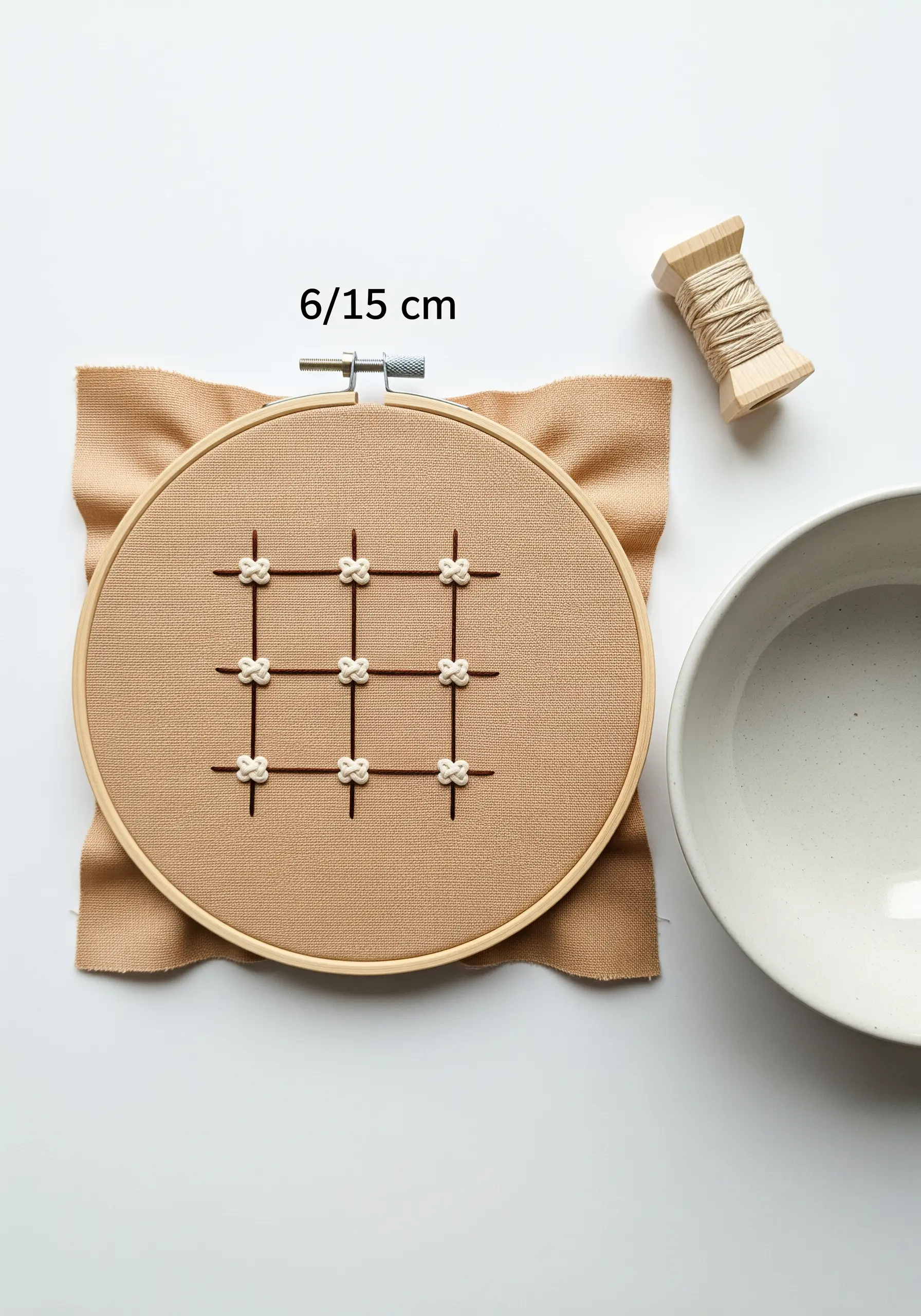 A simple brown grid on tan fabric, with white knots at each intersection.