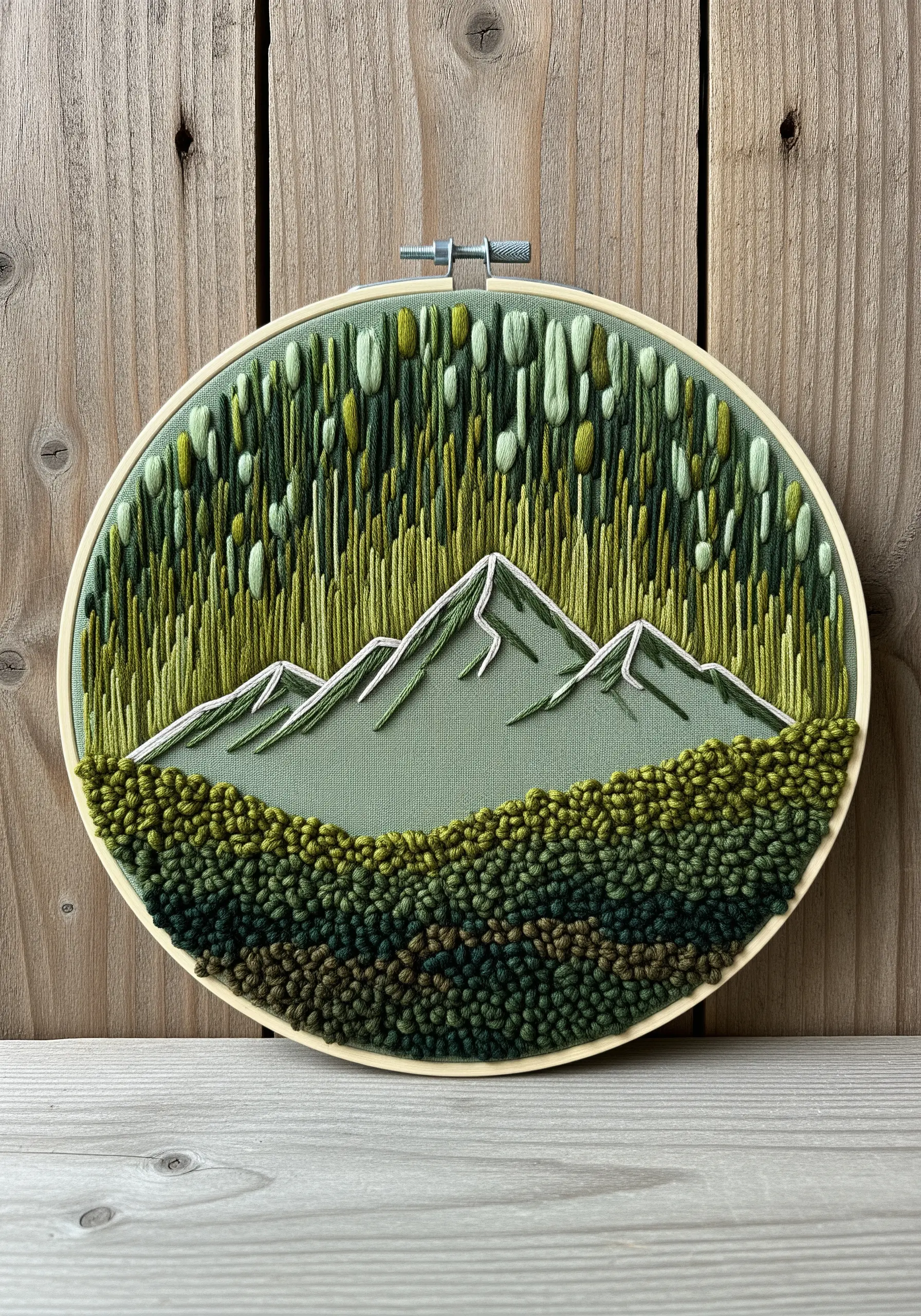 Negative-space mountains outlined in white against a textured green background of French knots and satin stitches.
