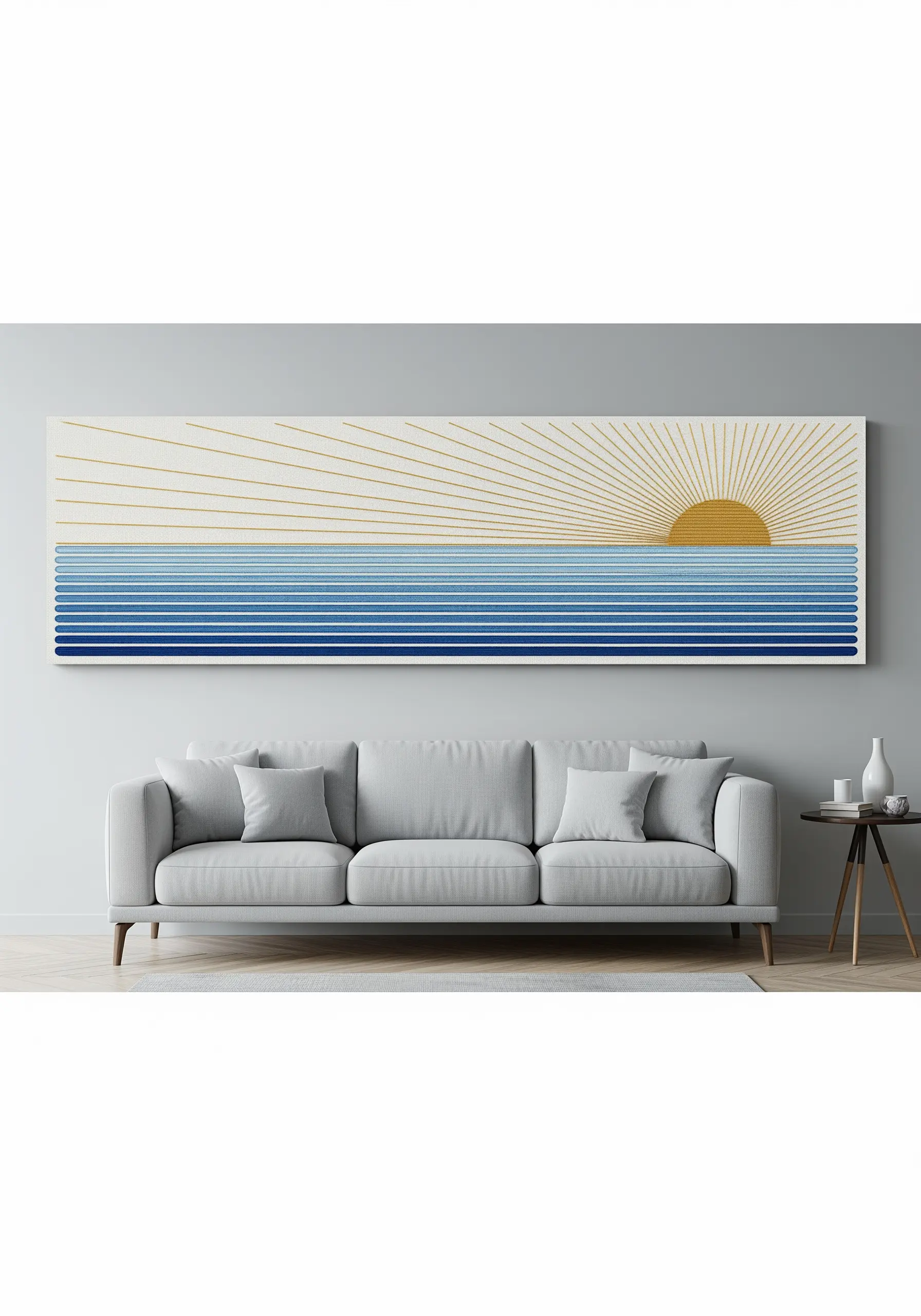 A large panoramic embroidery of a sunset over the ocean, using straight lines and simple shapes.