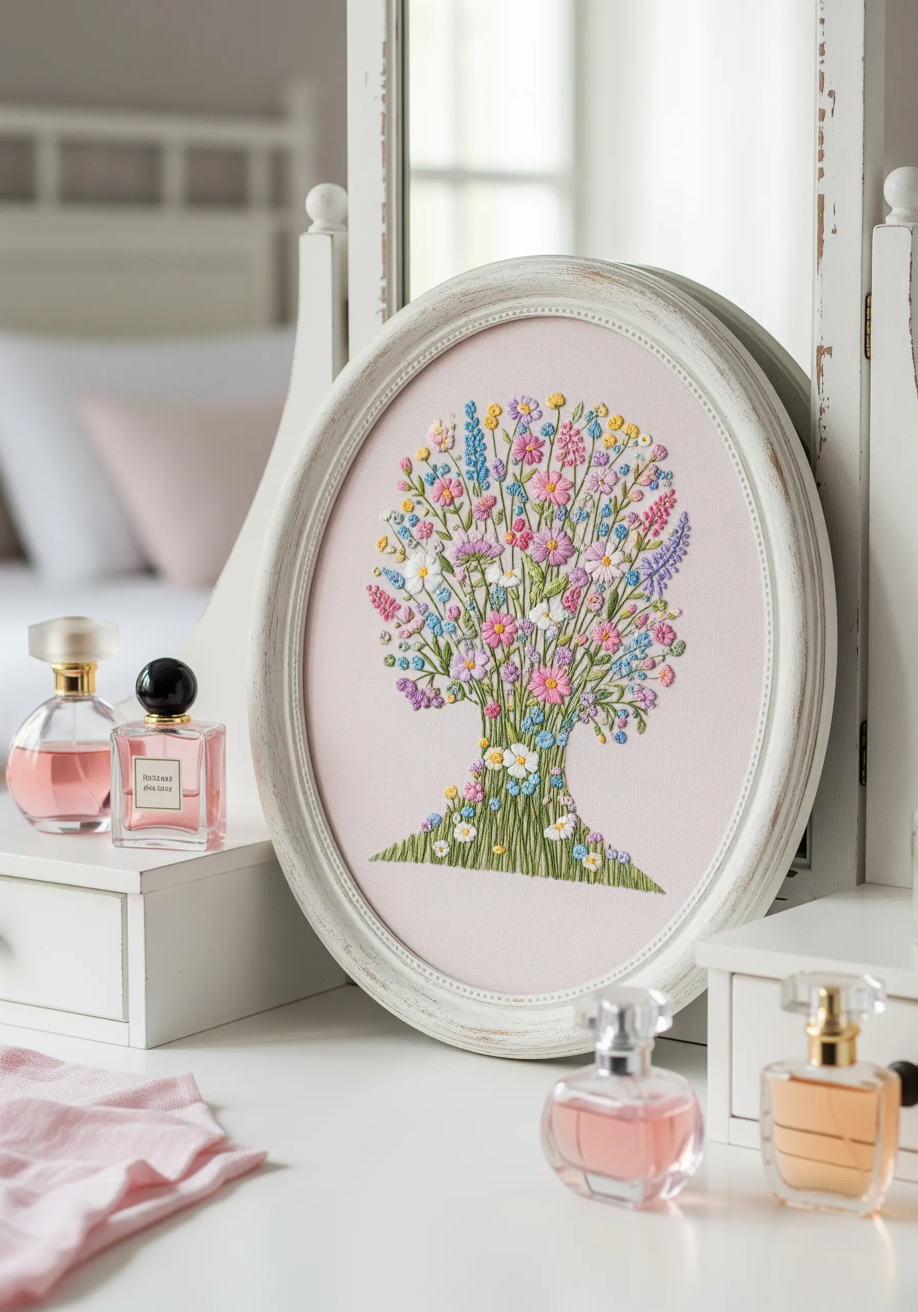 An embroidered silhouette of a person's head filled with a dense bouquet of colorful wildflowers.