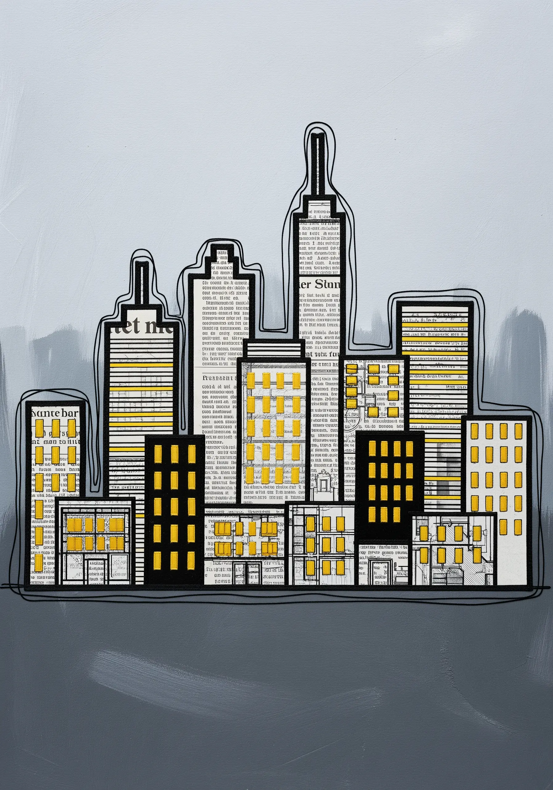 A paper collage cityscape with black thread outlines and bright yellow stitched windows.