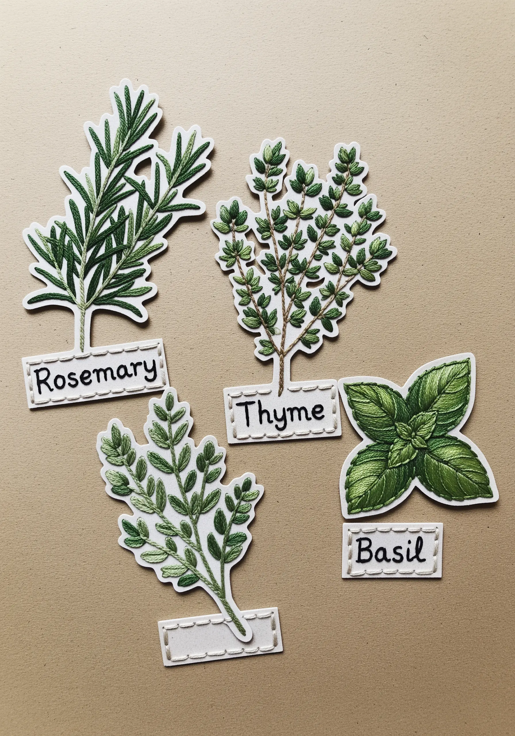 Paper cutouts of herbs like rosemary and thyme with their edges outlined in green thread.