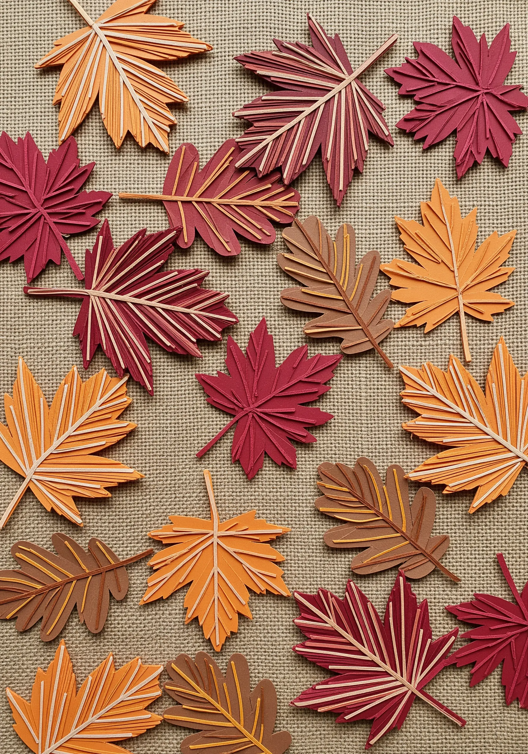 A collection of autumn-colored paper leaves decorated with contrasting straight lines.