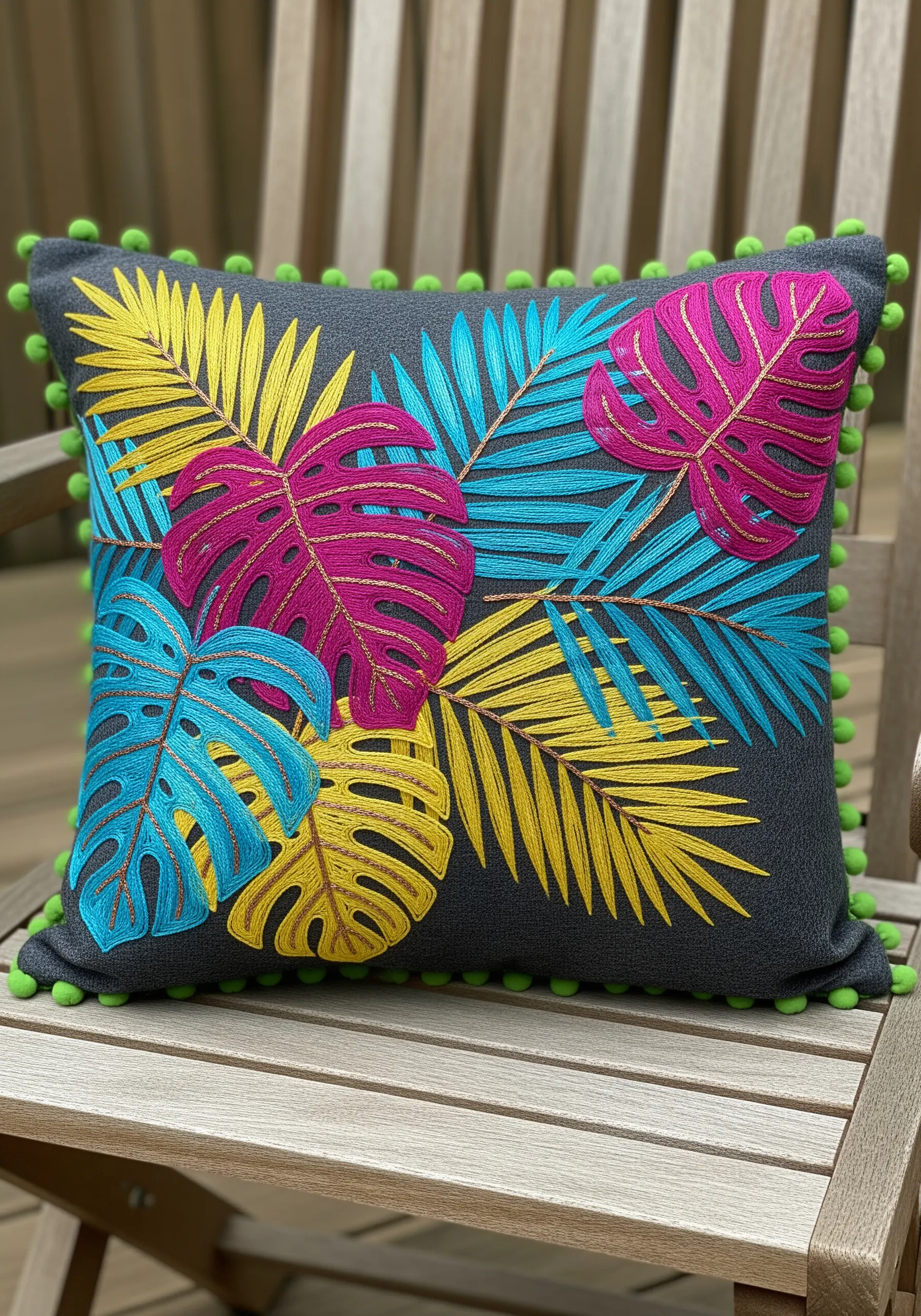 Tropical leaves in magenta, cyan, and yellow with contrasting outlines and pom-pom trim.