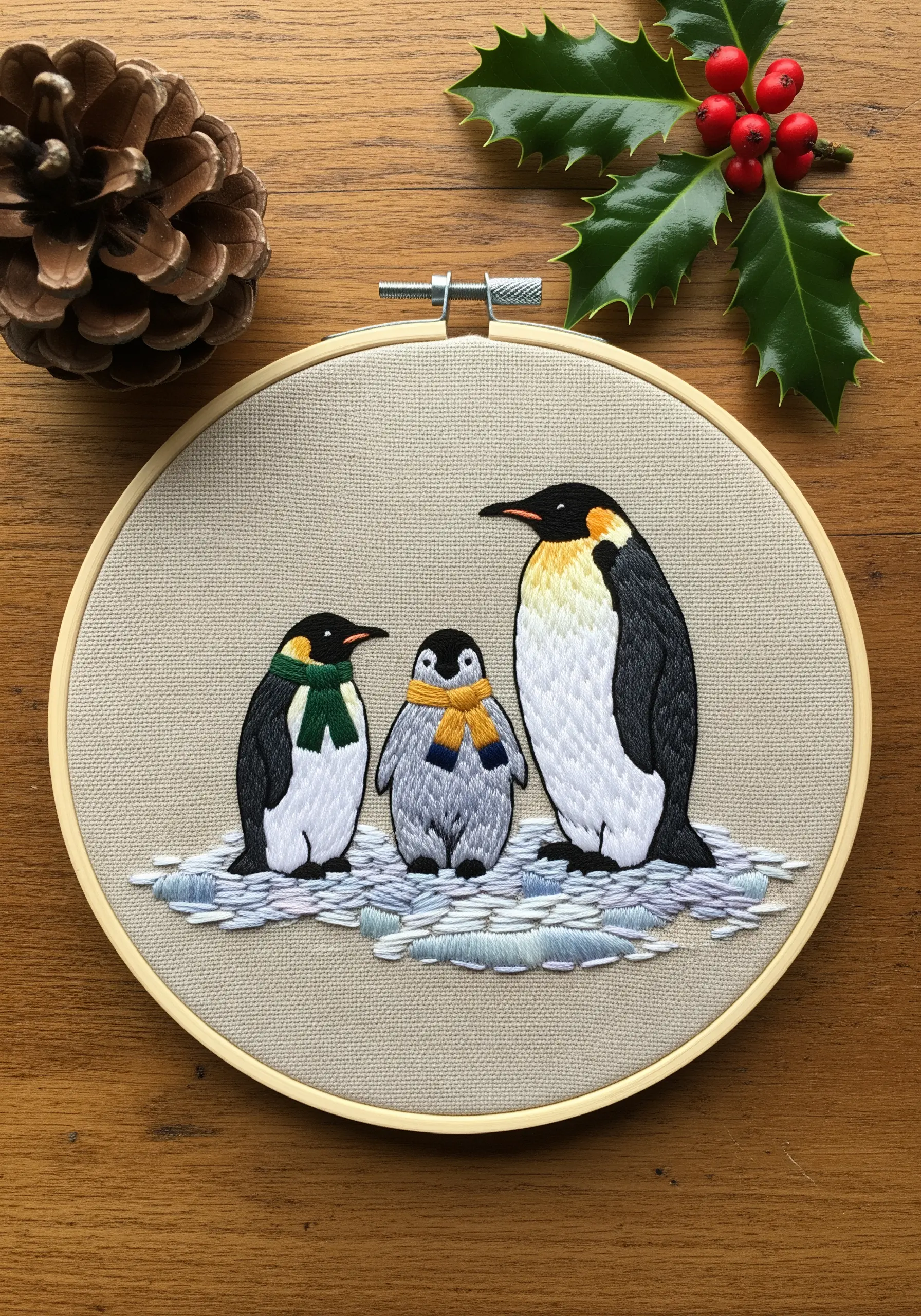 Hoop art of an embroidered penguin family with sharp satin stitch outlines on linen fabric.