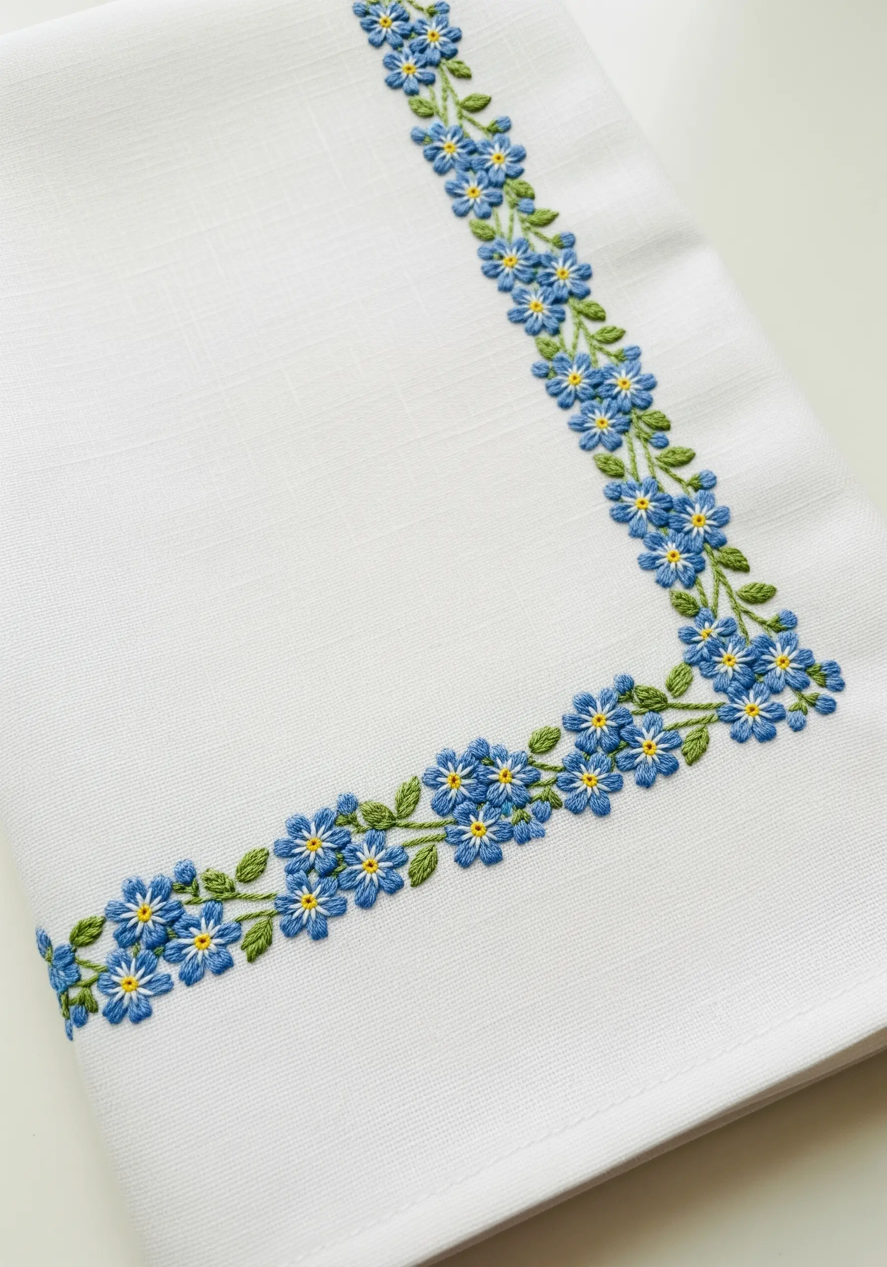 A dense corner border of blue forget-me-nots on a white linen tablecloth.