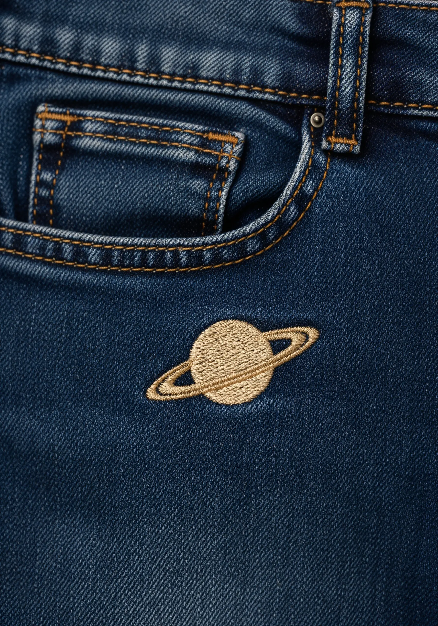A small, elegant embroidered Saturn with golden rings on dark blue denim.