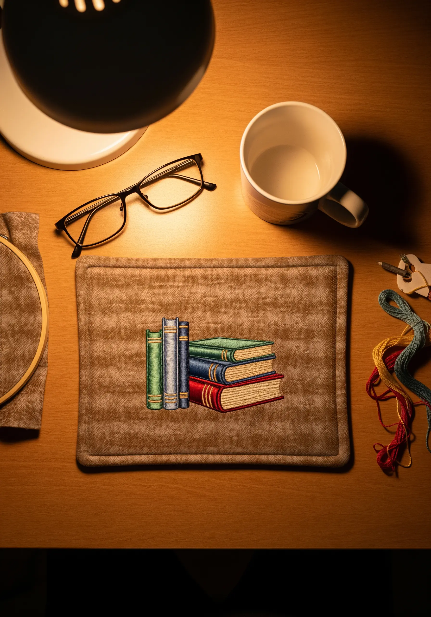 A detailed embroidery of a stack of colorful books on a brown mug rug.