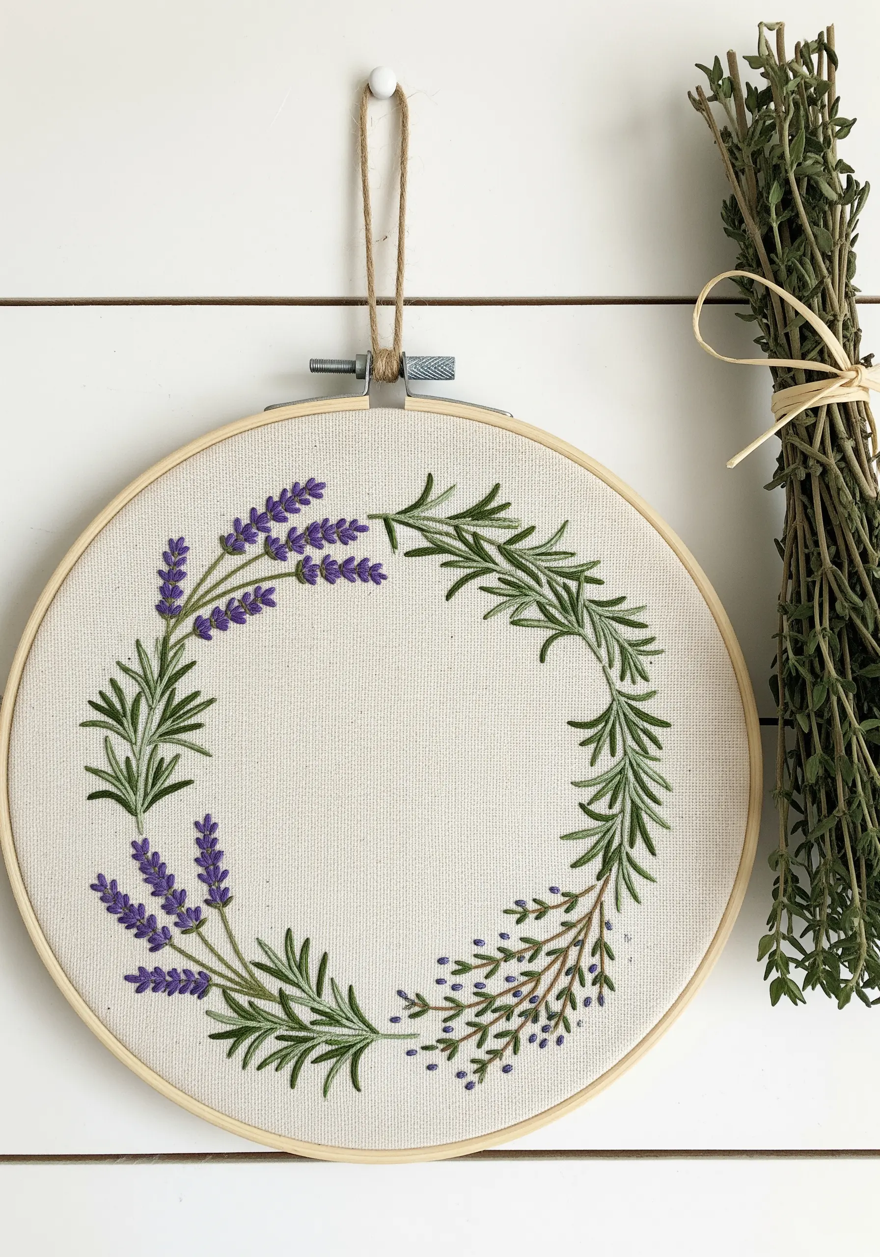 An embroidered wreath of lavender, rosemary, and thyme on off-white fabric.