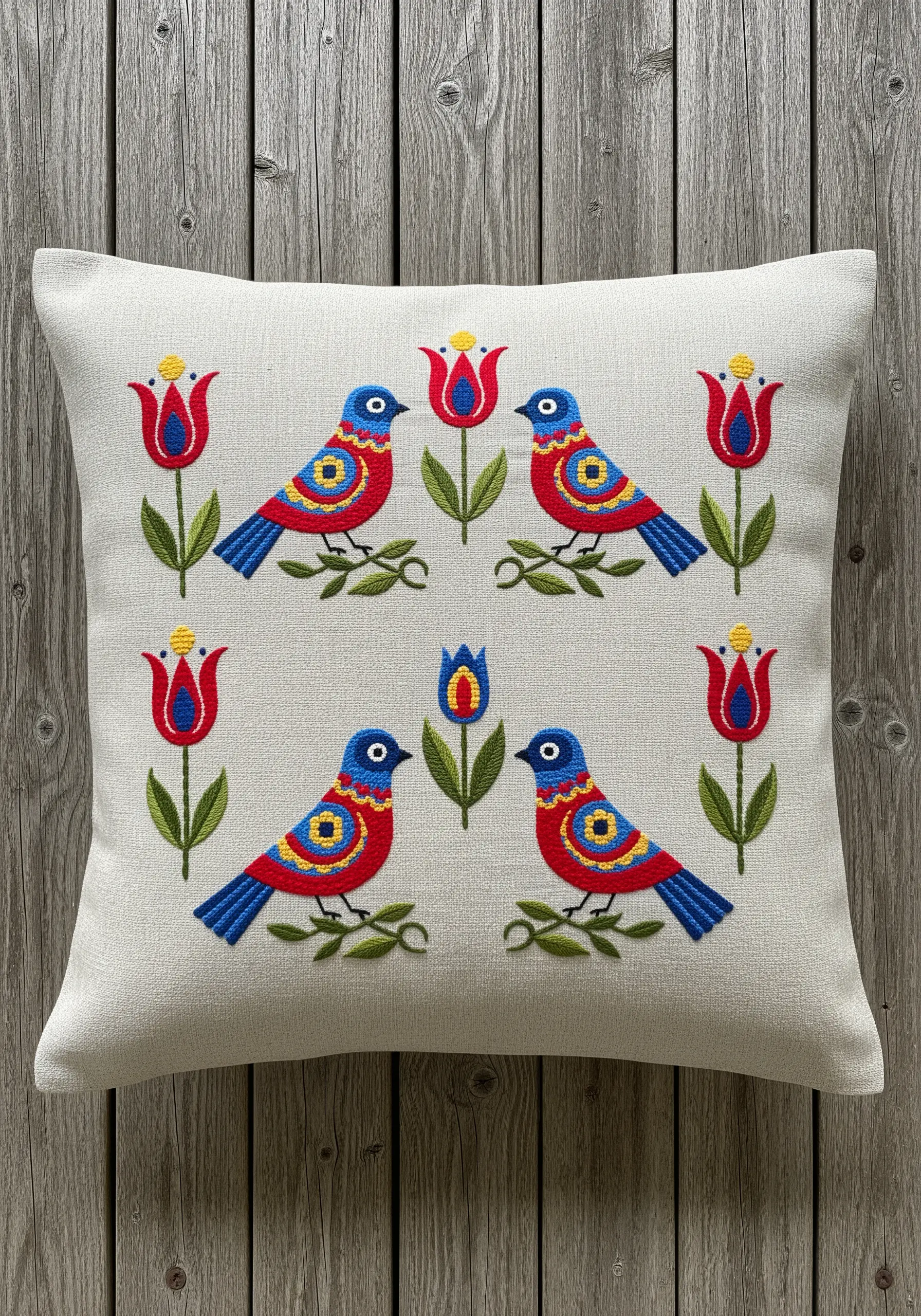 Symmetrical folk art pattern of birds and tulips on a light linen cushion.
