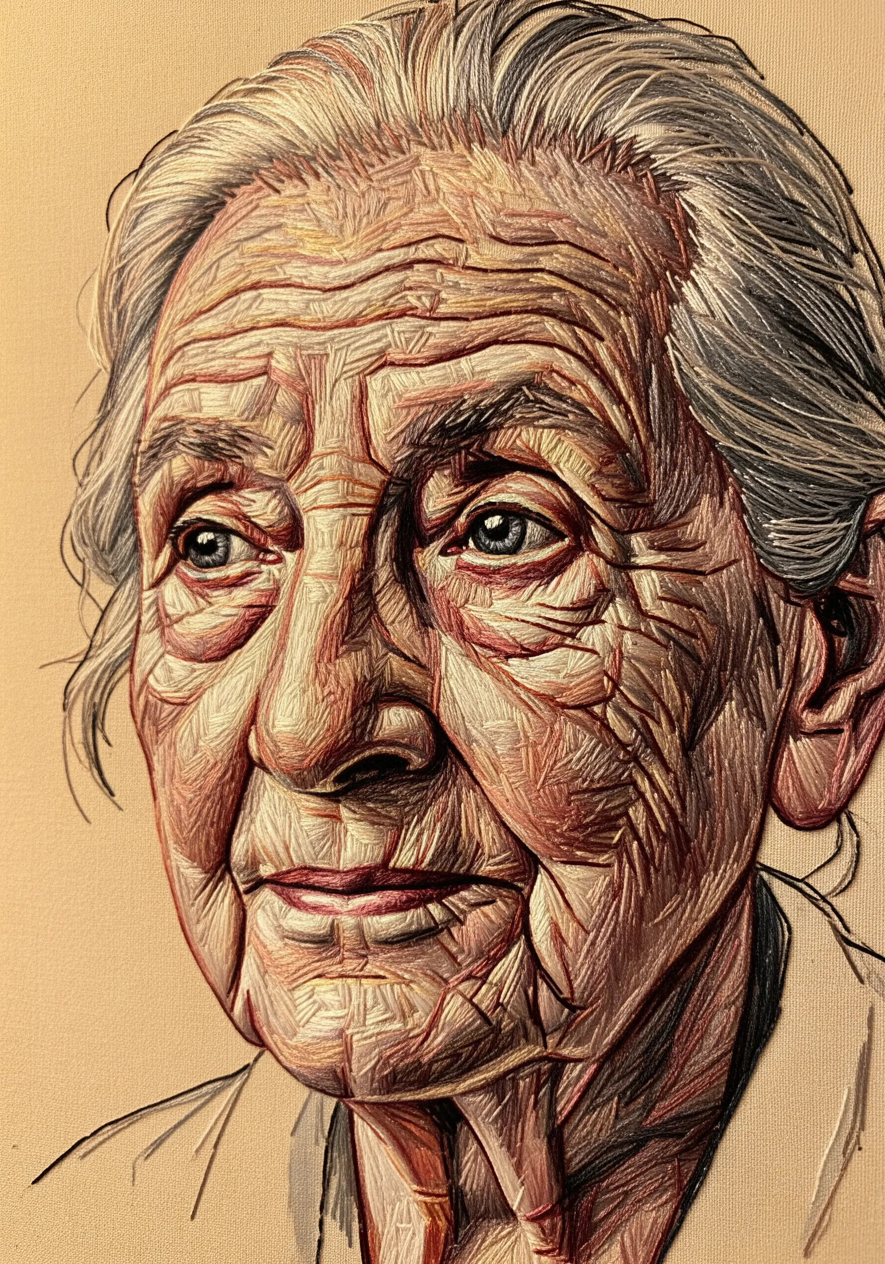 An extremely detailed, realistic embroidered portrait of an elderly woman's face.
