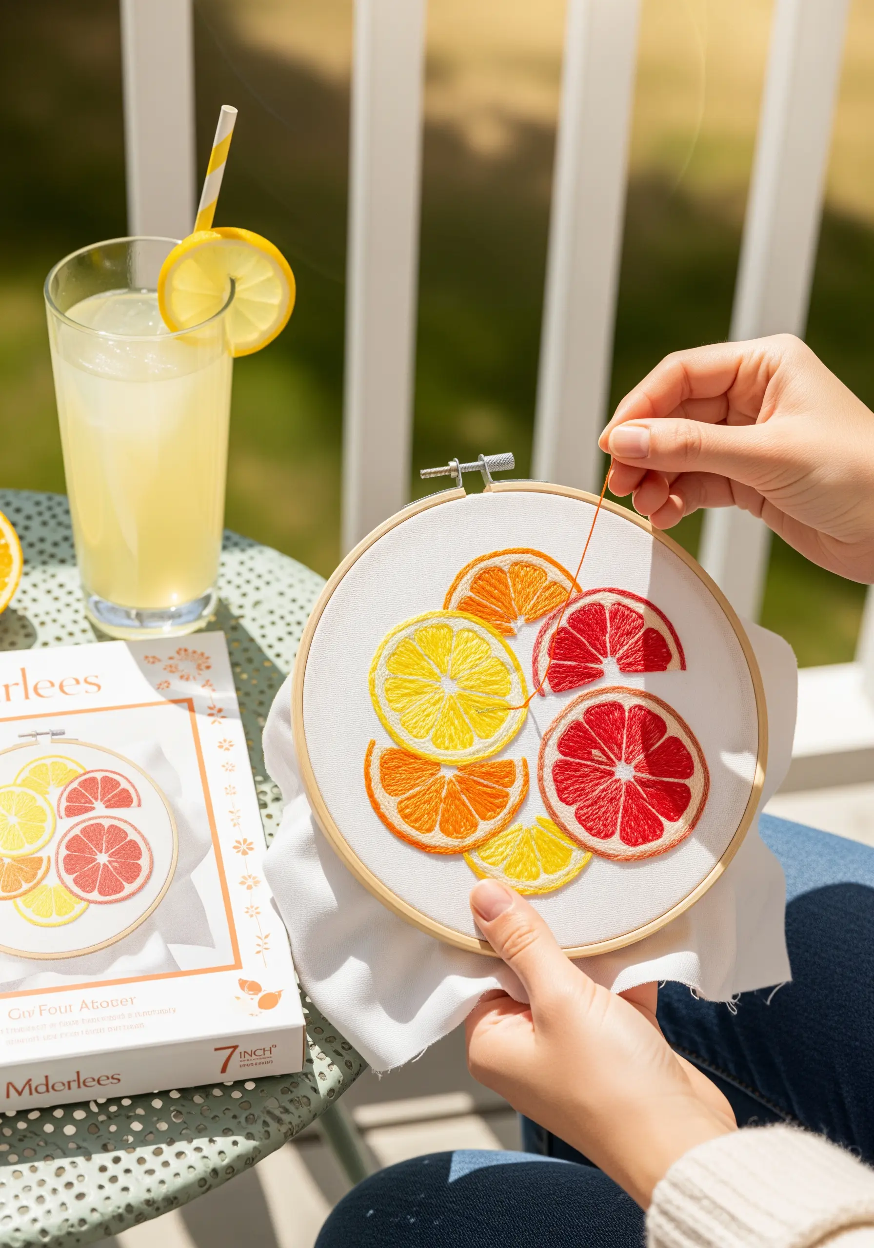 A woman stitching vibrant, overlapping citrus slices with yellow, orange, and red thread.